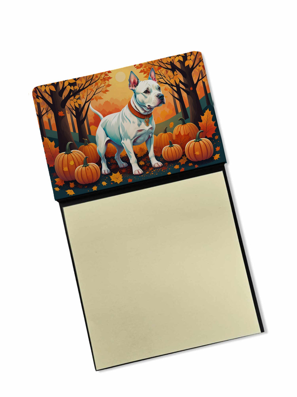 White Pit Bull Terrier Fall Watercolor Sticky Note Holder Refillable Dispenser Desk Accessory 3x3 Pad Gift