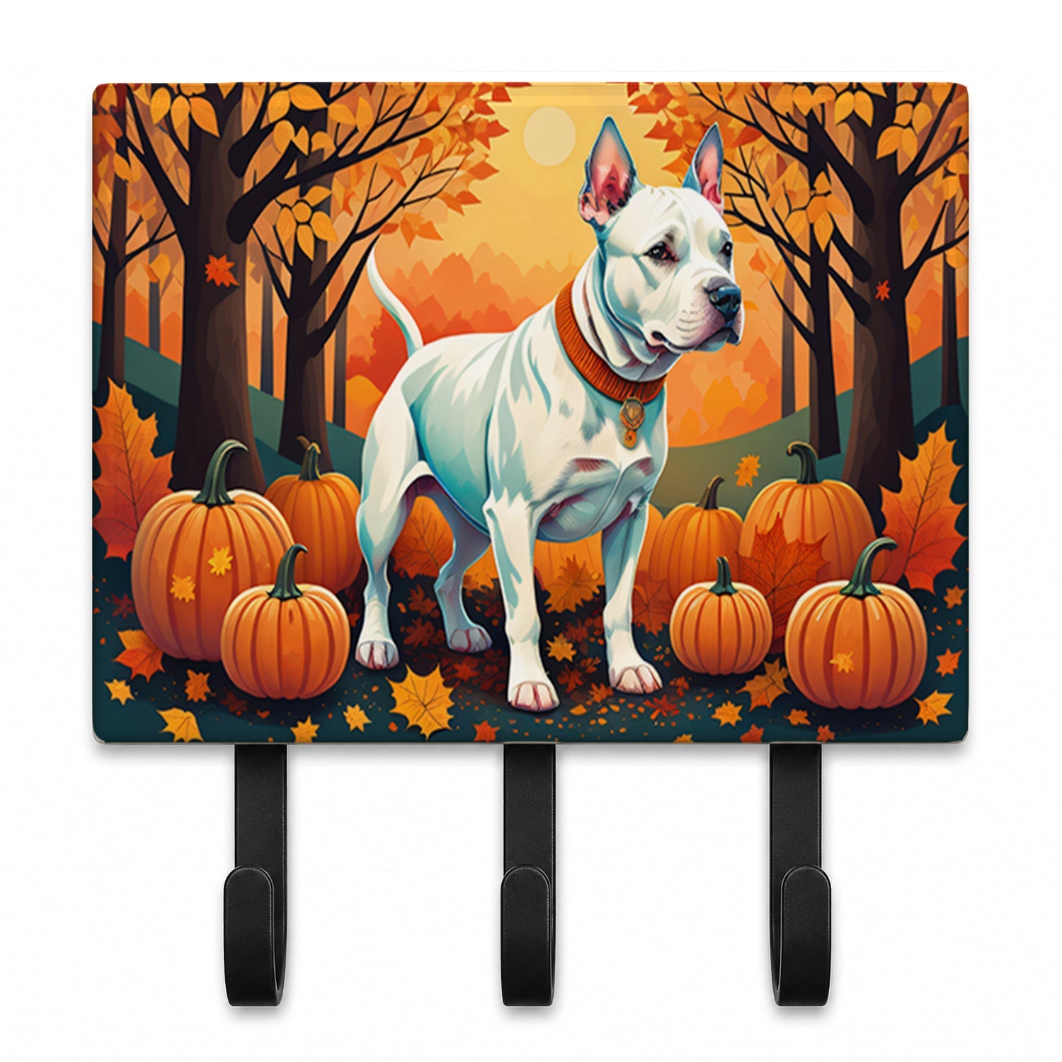 White Pit Bull Terrier Fall Leash or Key Holder Wall Hooks, Coat Rack Wall Mount, for Hanging Keys, Towels, Aprons, Leashes