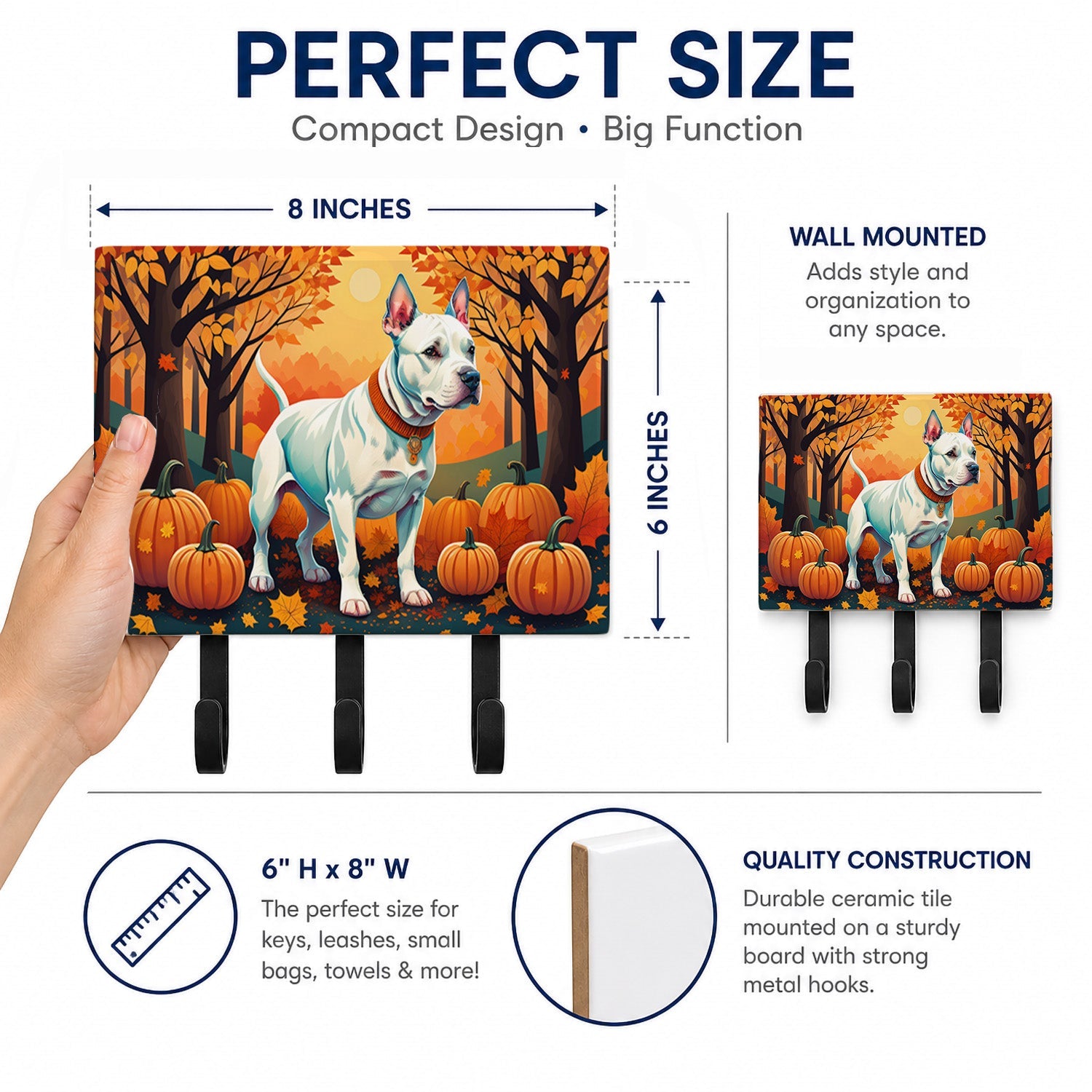 White Pit Bull Terrier Fall Leash or Key Holder Wall Hooks, Coat Rack Wall Mount, for Hanging Keys, Towels, Aprons, Leashes