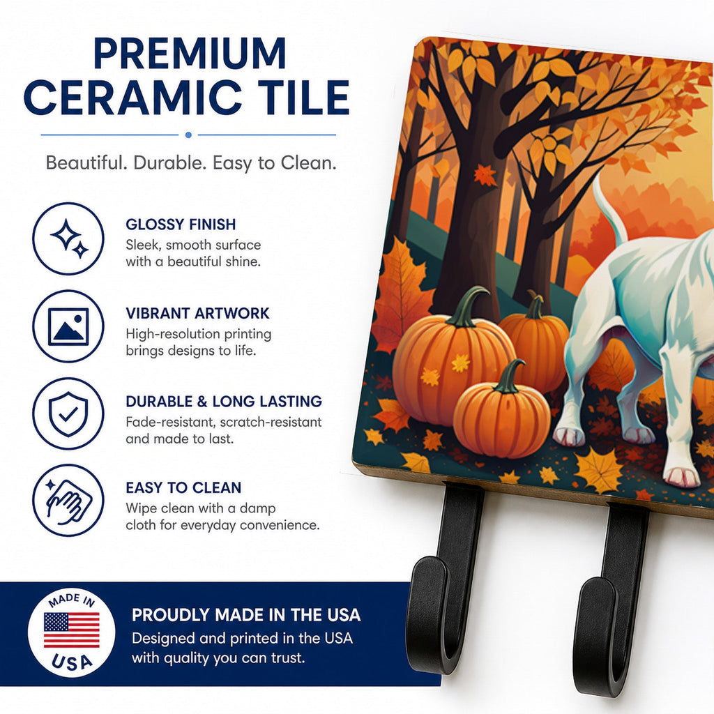 White Pit Bull Terrier Fall Leash or Key Holder Wall Hooks, Coat Rack Wall Mount, for Hanging Keys, Towels, Aprons, Leashes