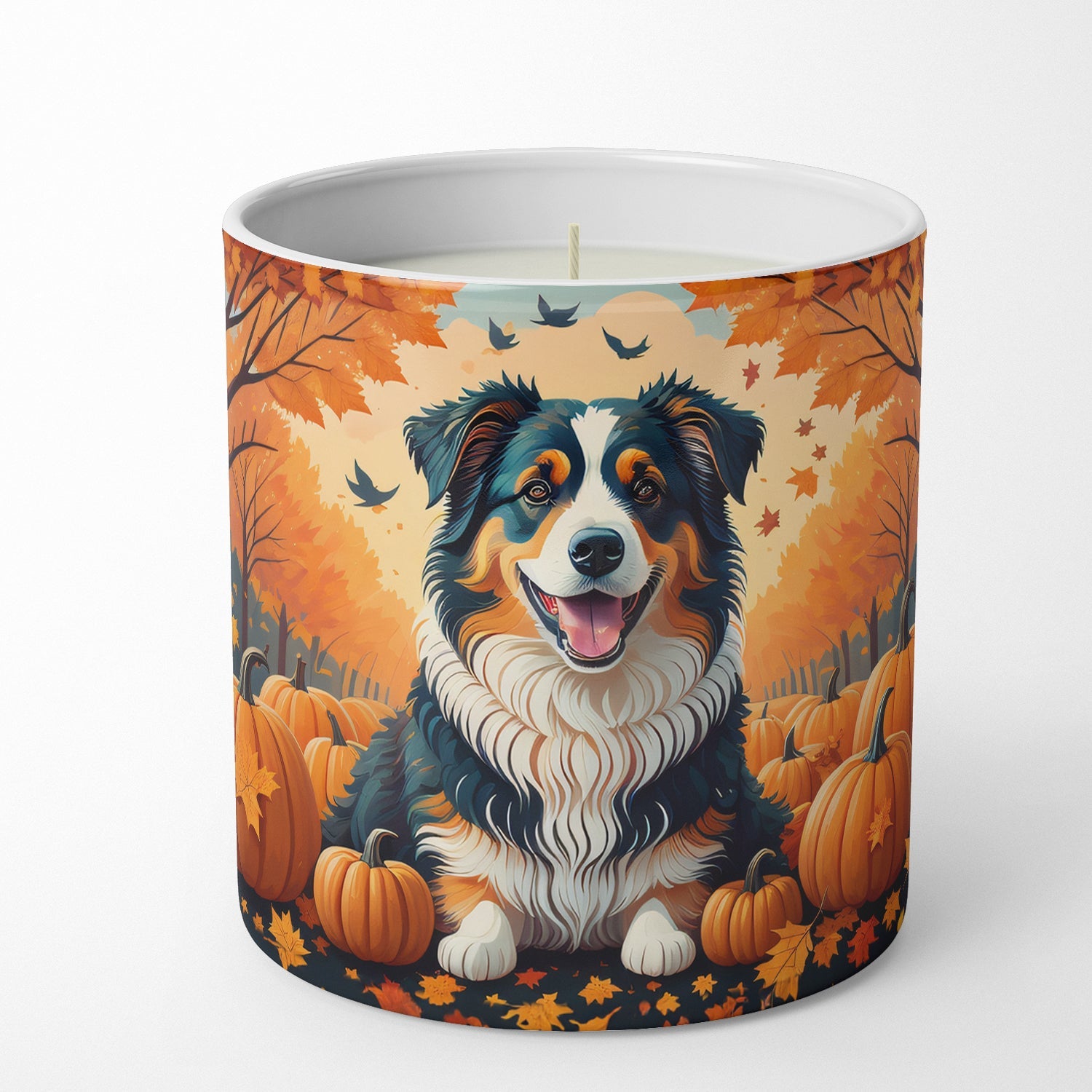 Australian Shepherd Terrier Fall Decorative Soy Candle Nature Soy Wax Essential Oil Home Decor Ideal for Bedroom Kitchen Bath Office Gift, 10 oz