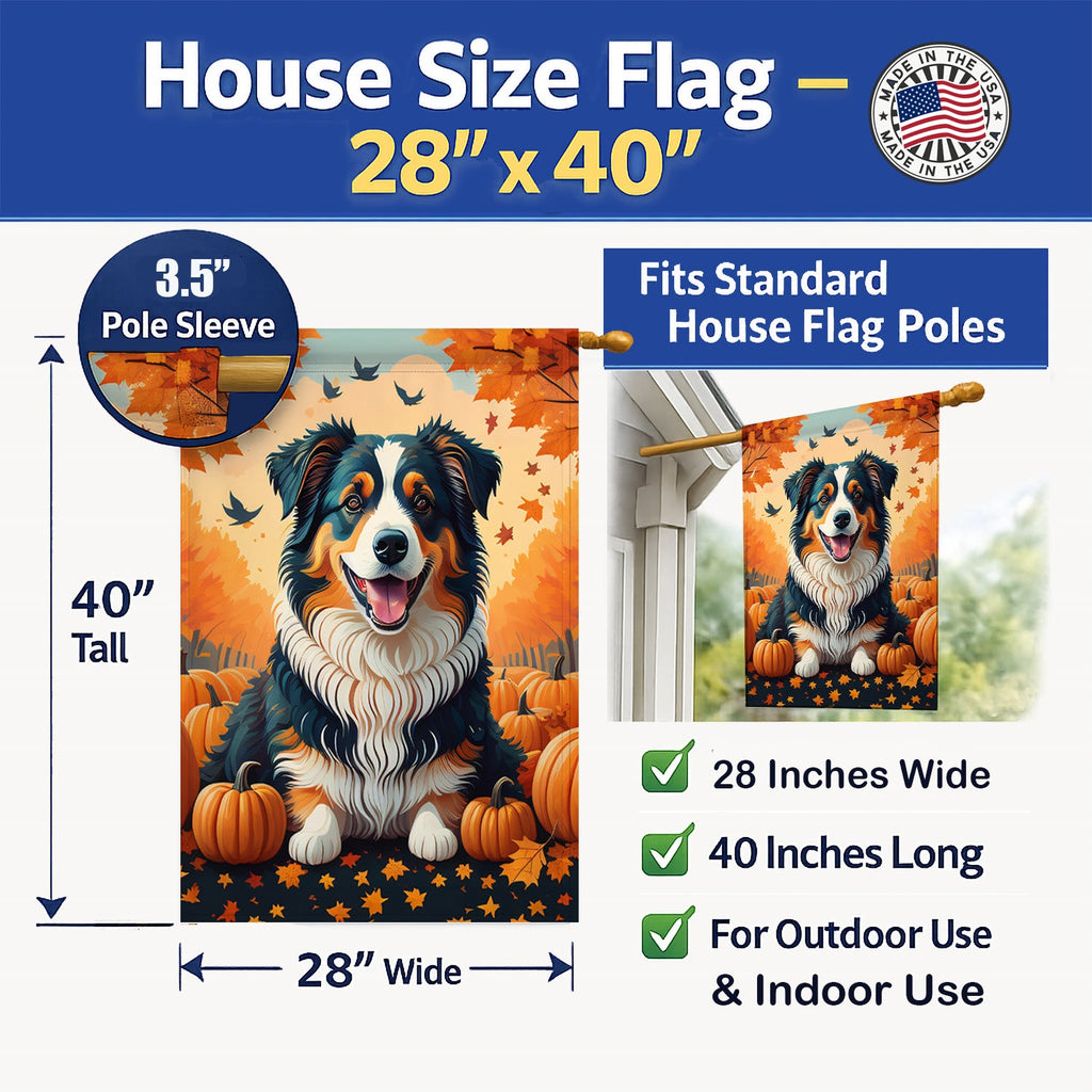 Australian Shepherd Terrier Fall House Flag 28x40 Porch Sleeve Pole Decorative Outside Yard Banner Artwork Wall Hanging, Polyester