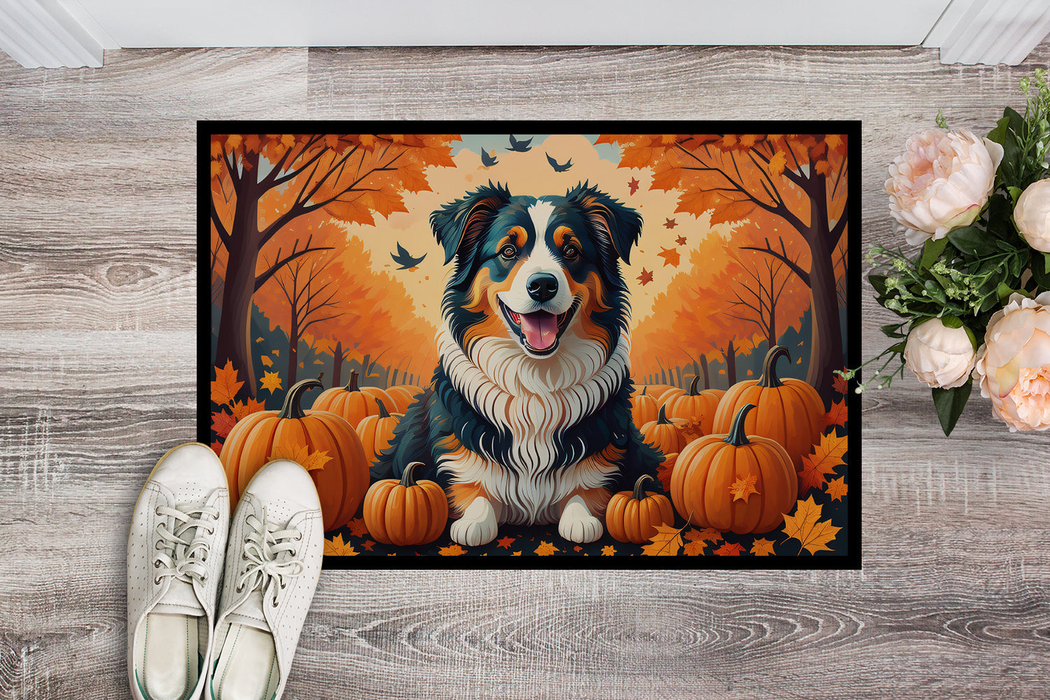 Australian Shepherd Terrier Fall Doormat Indoor Outdoor 24H X 36W Front Door Mat Rugs for Entryway, Non Slip Washable Low Pile,
