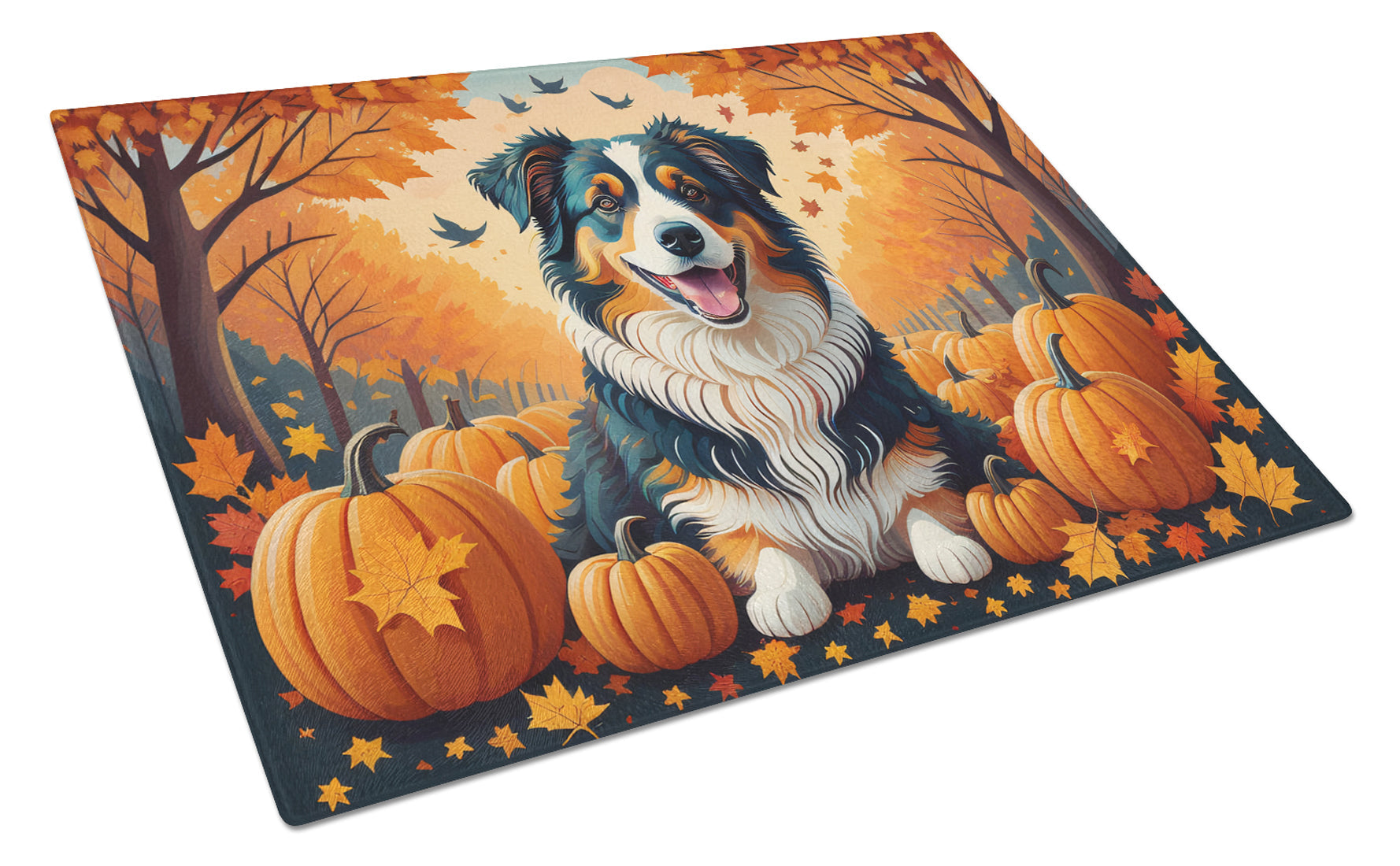 Australian Shepherd Terrier Fall Cutting Board Tempered Glass Kitchen Cutting Surface, Heat Resistant Chopping, Non-Slip Feet, Food Prep & Serving