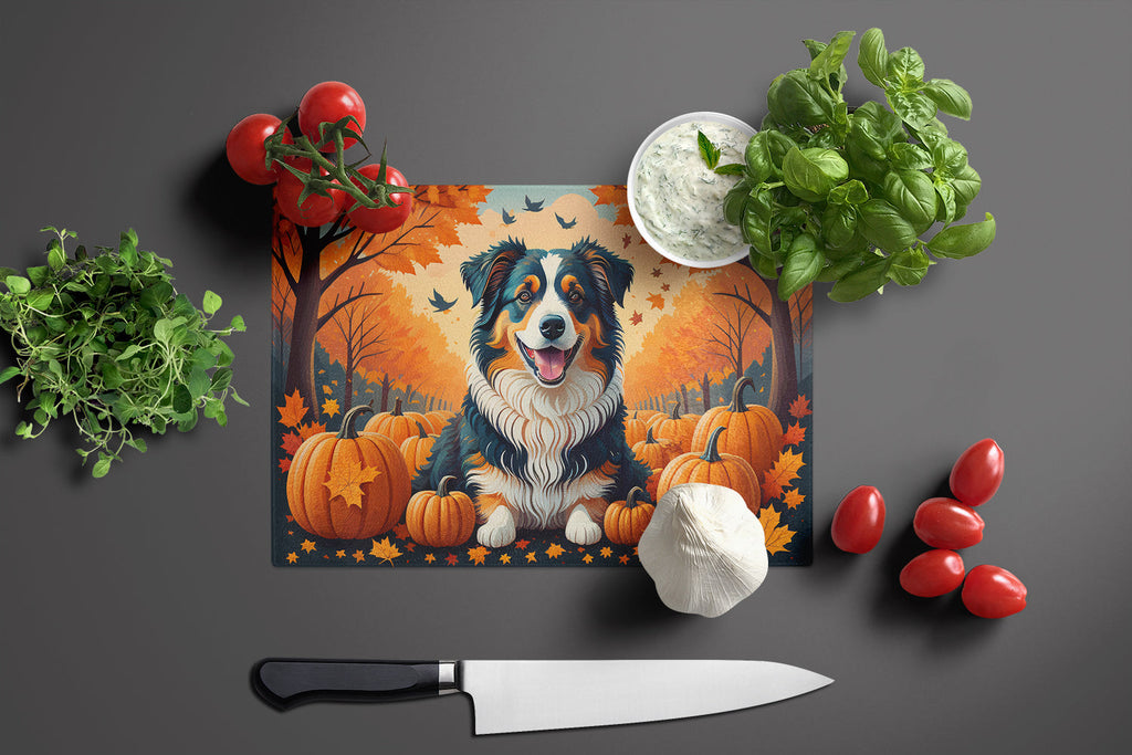 Australian Shepherd Terrier Fall Cutting Board Tempered Glass Kitchen Cutting Surface, Heat Resistant Chopping, Non-Slip Feet, Food Prep & Serving