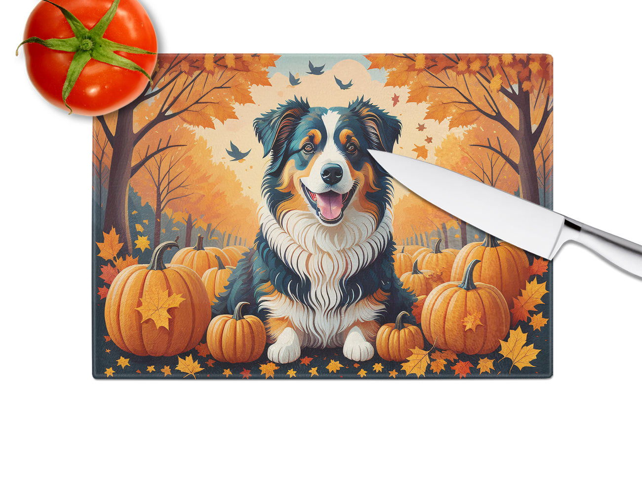 Australian Shepherd Terrier Fall Cutting Board Tempered Glass Kitchen Cutting Surface, Heat Resistant Chopping, Non-Slip Feet, Food Prep & Serving
