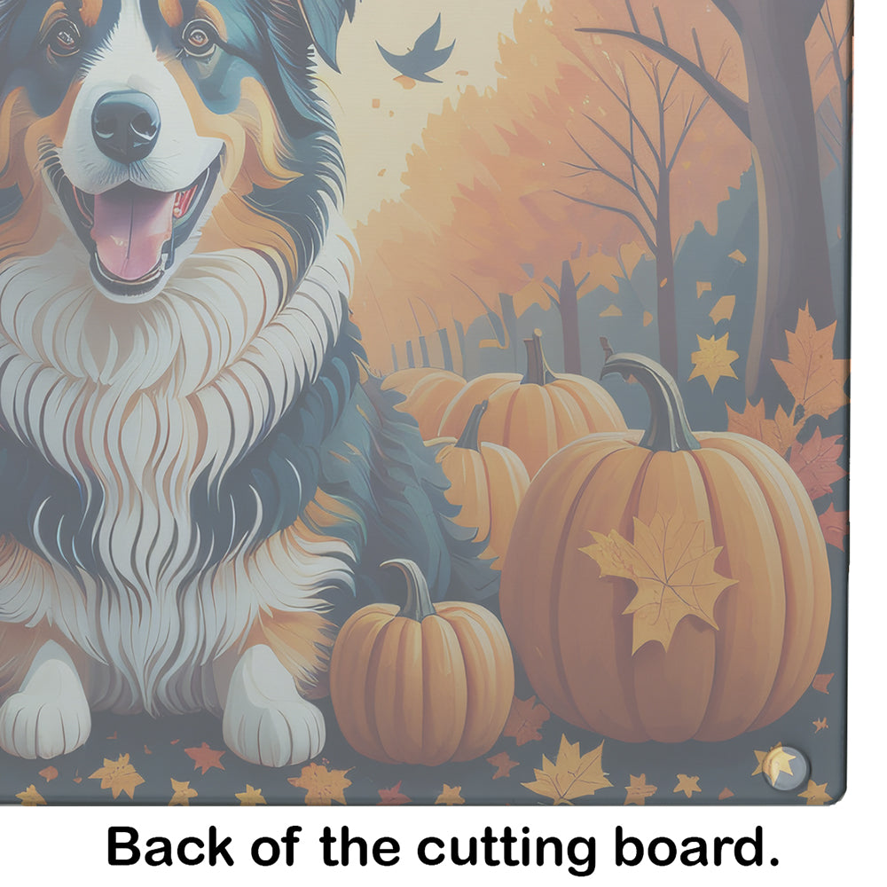 Australian Shepherd Terrier Fall Cutting Board Tempered Glass Kitchen Cutting Surface, Heat Resistant Chopping, Non-Slip Feet, Food Prep & Serving