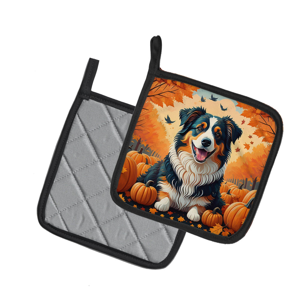 Australian Shepherd Terrier Fall Pot Holder Set of 2 Heat Resistant Quilted Hot Pads 7.5 x 7.5 Inch, Insulated Kitchen Trivets for Cooking & Baking