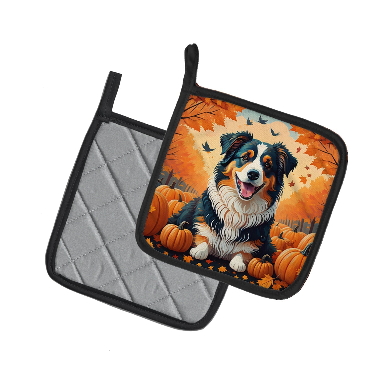 Australian Shepherd Terrier Fall Pot Holder Set of 2 Heat Resistant Quilted Hot Pads 7.5 x 7.5 Inch, Insulated Kitchen Trivets for Cooking & Baking