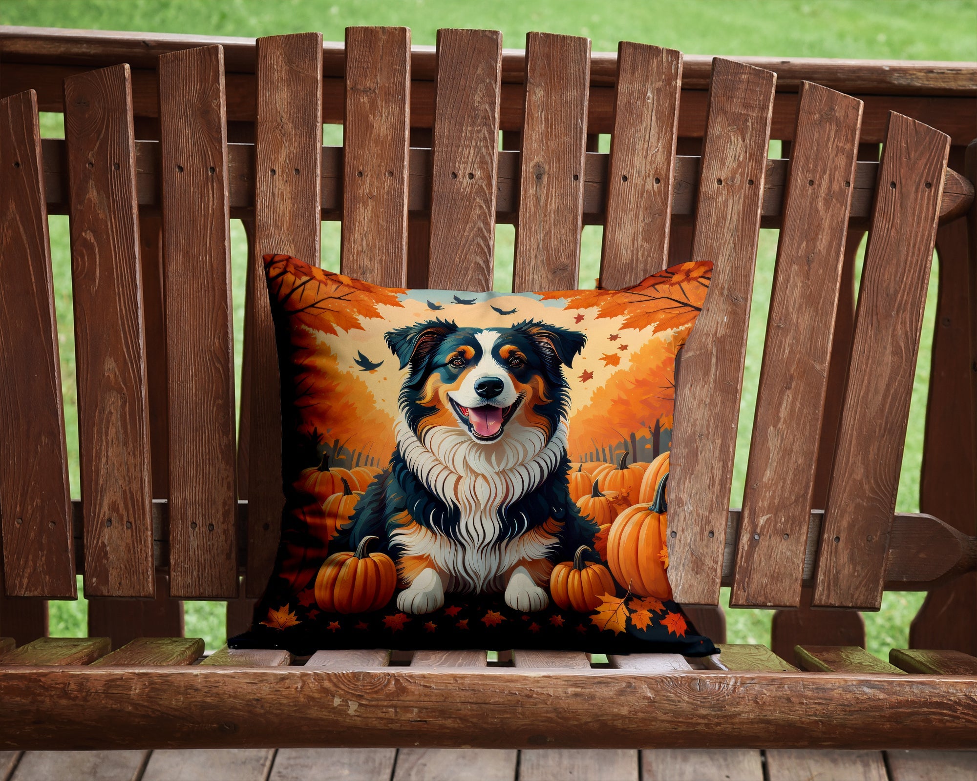 Australian Shepherd Terrier Fall Decorative Throw Pillow 14x14 Indoor Outdoor Accent Cushion, Fabric Cover with Insert for Sofa, Bed, Porch & Living Room