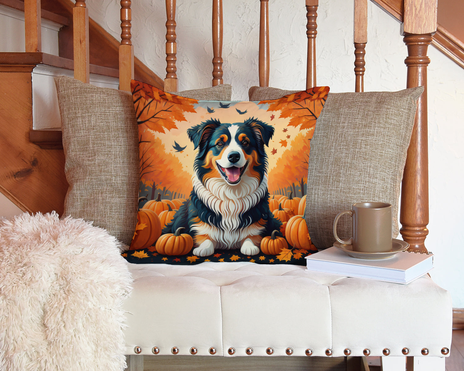 Australian Shepherd Terrier Fall Decorative Throw Pillow 14x14 Indoor Outdoor Accent Cushion, Fabric Cover with Insert for Sofa, Bed, Porch & Living Room
