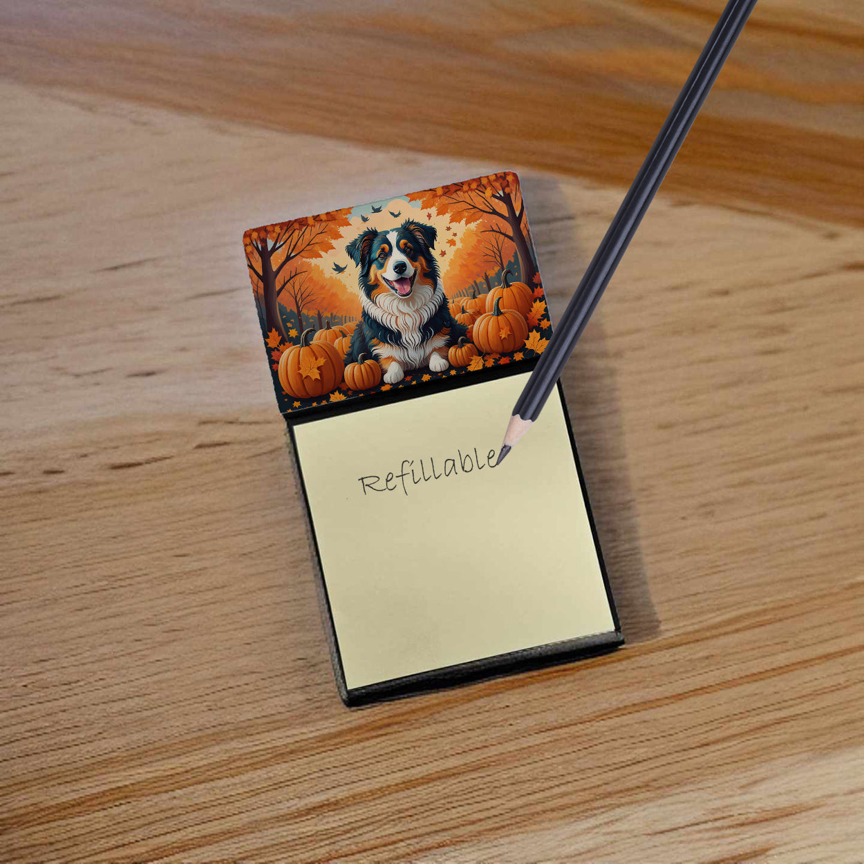 Australian Shepherd Terrier Fall Watercolor Sticky Note Holder Refillable Dispenser Desk Accessory 3x3 Pad Gift