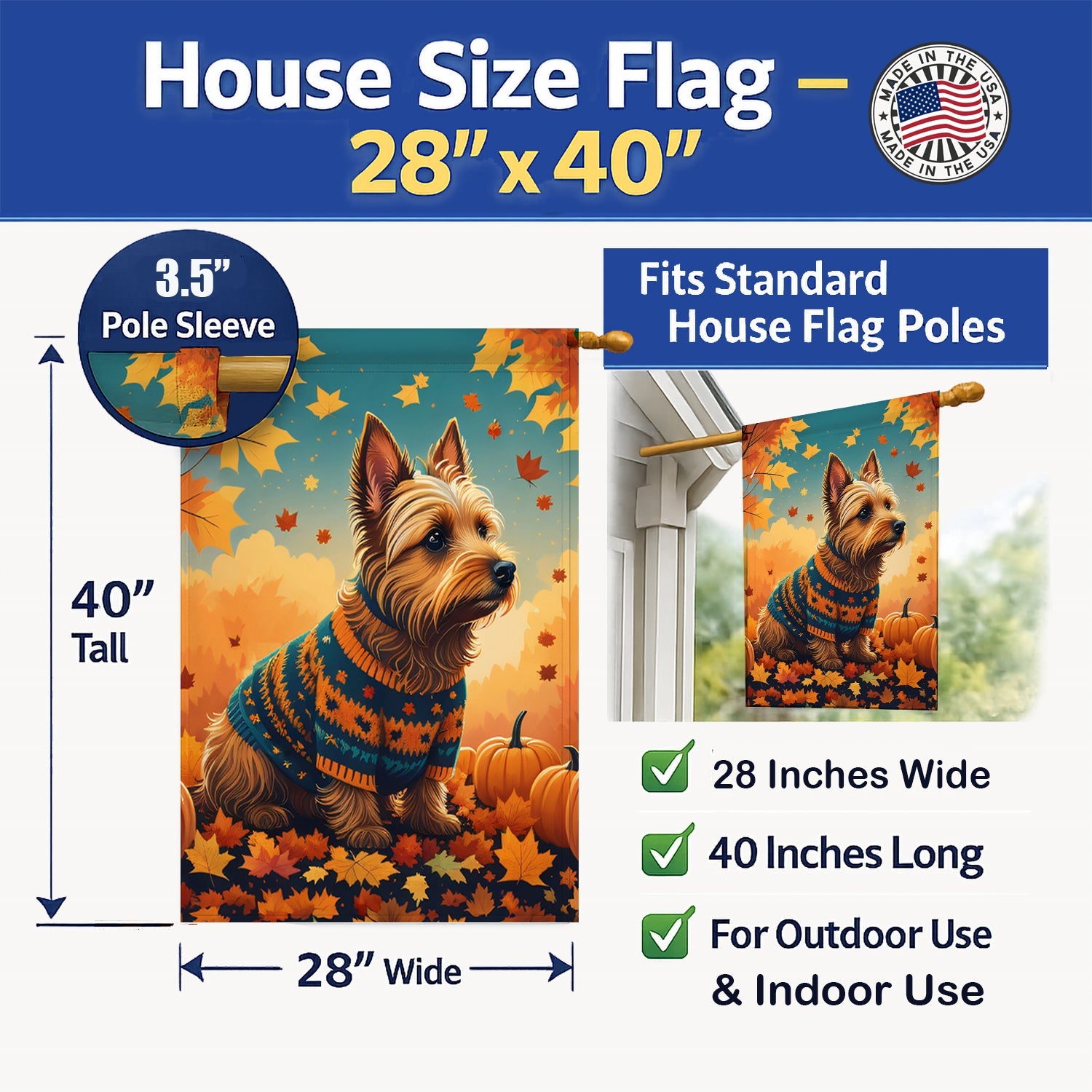 Australian Terrier Terrier Fall House Flag 28x40 Porch Sleeve Pole Decorative Outside Yard Banner Artwork Wall Hanging, Polyester