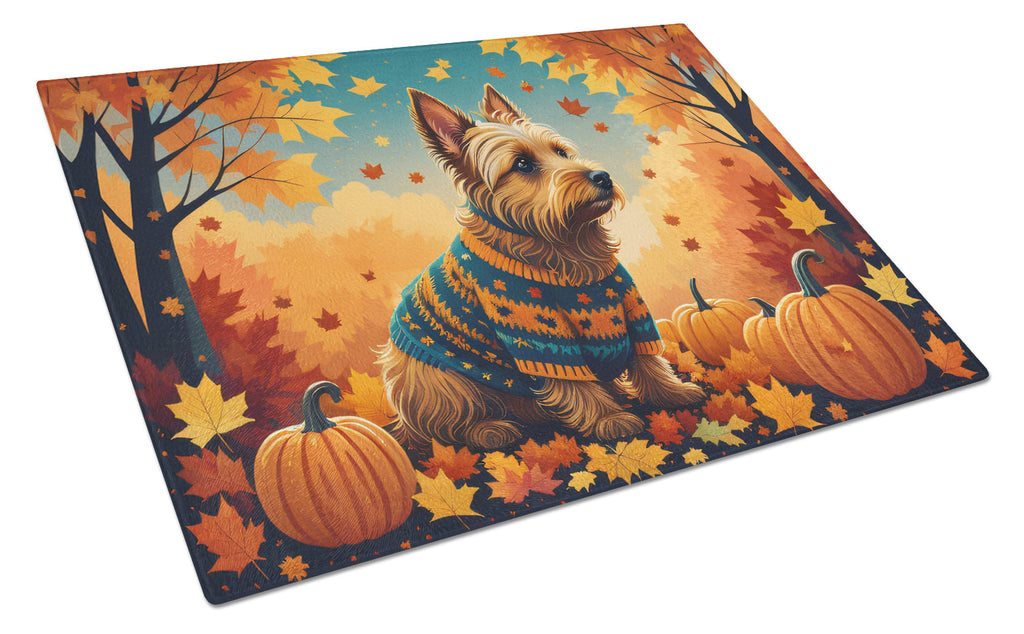 Australian Terrier Terrier Fall Cutting Board Tempered Glass Kitchen Cutting Surface, Heat Resistant Chopping, Non-Slip Feet, Food Prep & Serving