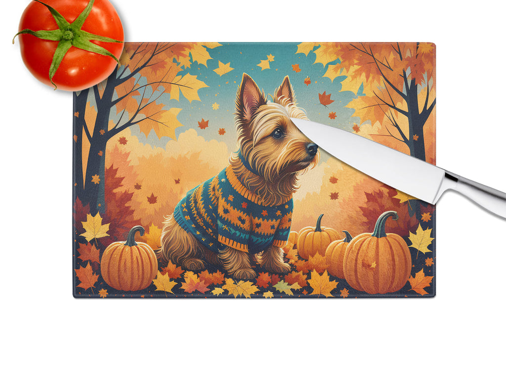 Australian Terrier Terrier Fall Cutting Board Tempered Glass Kitchen Cutting Surface, Heat Resistant Chopping, Non-Slip Feet, Food Prep & Serving
