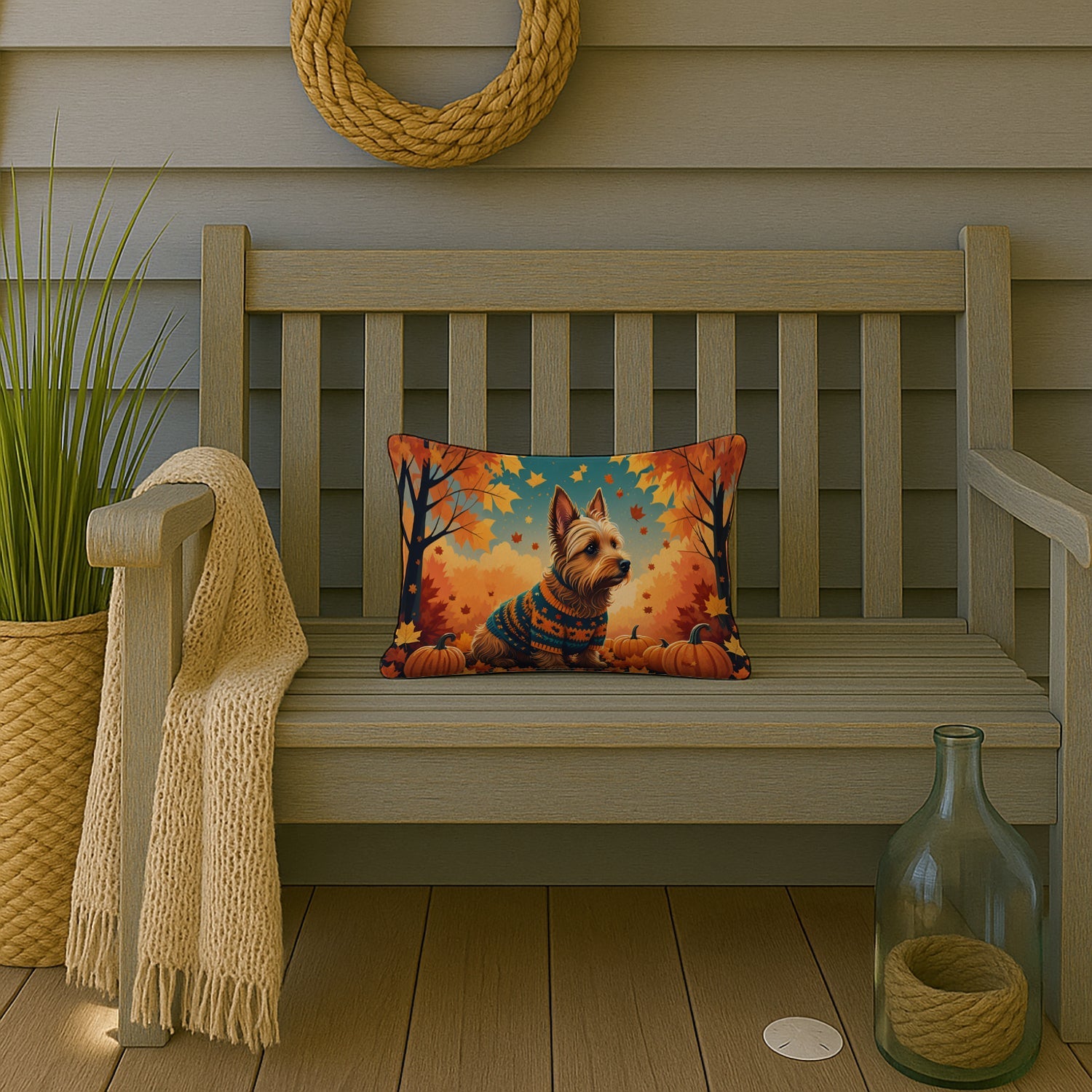 Australian Terrier Terrier Fall Decorative Throw Pillow 12x16 Indoor Outdoor Accent Cushion, Fabric Cover with Insert for Sofa, Bed, Porch & Living Room
