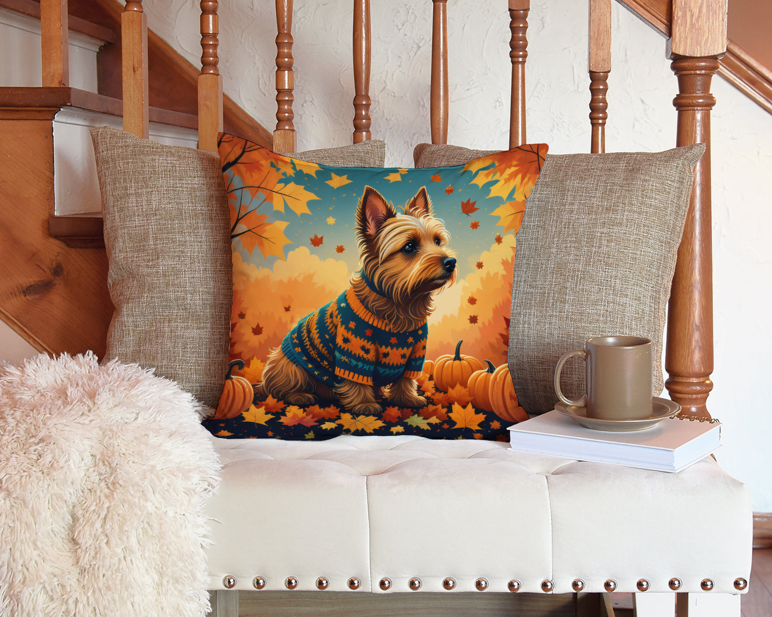 Australian Terrier Terrier Fall Decorative Throw Pillow 14x14 Indoor Outdoor Accent Cushion, Fabric Cover with Insert for Sofa, Bed, Porch & Living Room