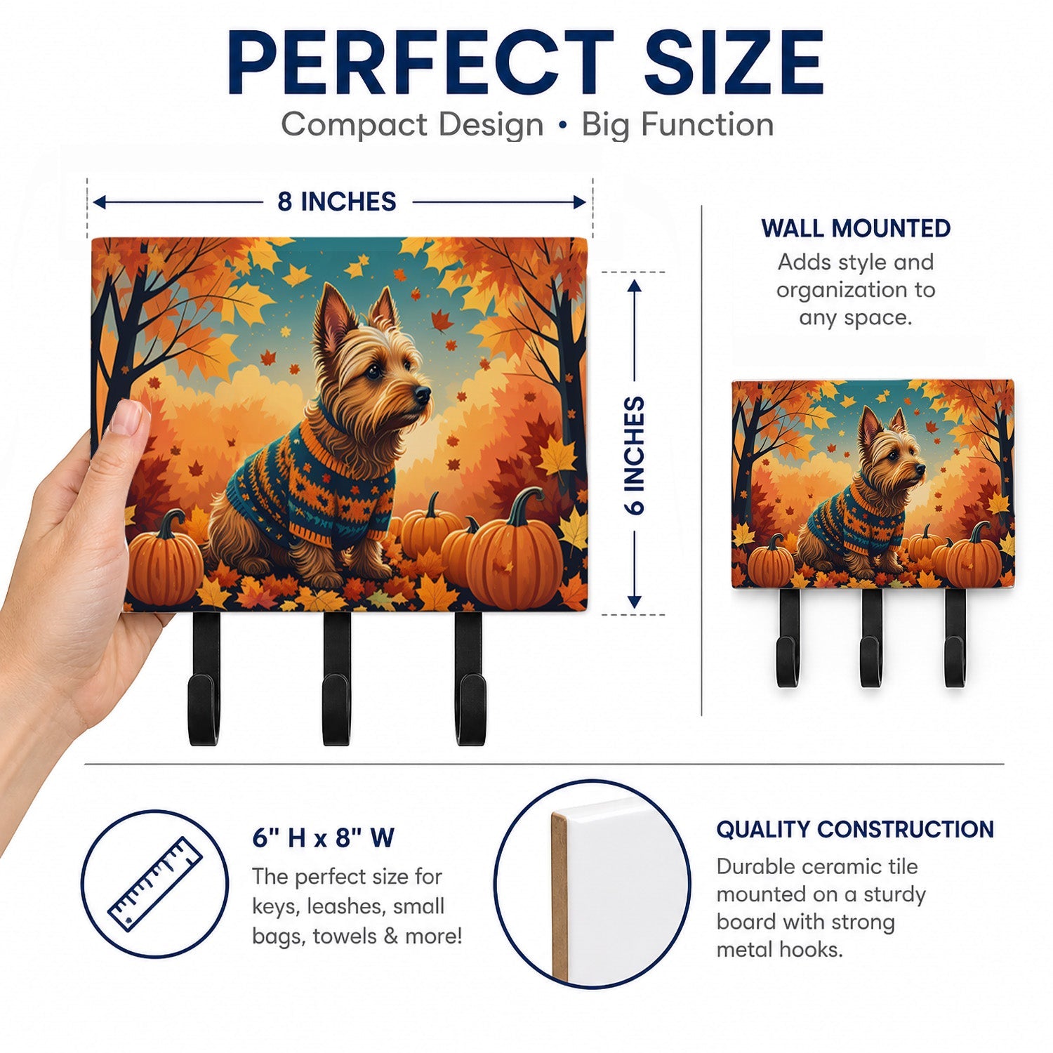 Australian Terrier Terrier Fall Leash or Key Holder Wall Hooks, Coat Rack Wall Mount, for Hanging Keys, Towels, Aprons, Leashes