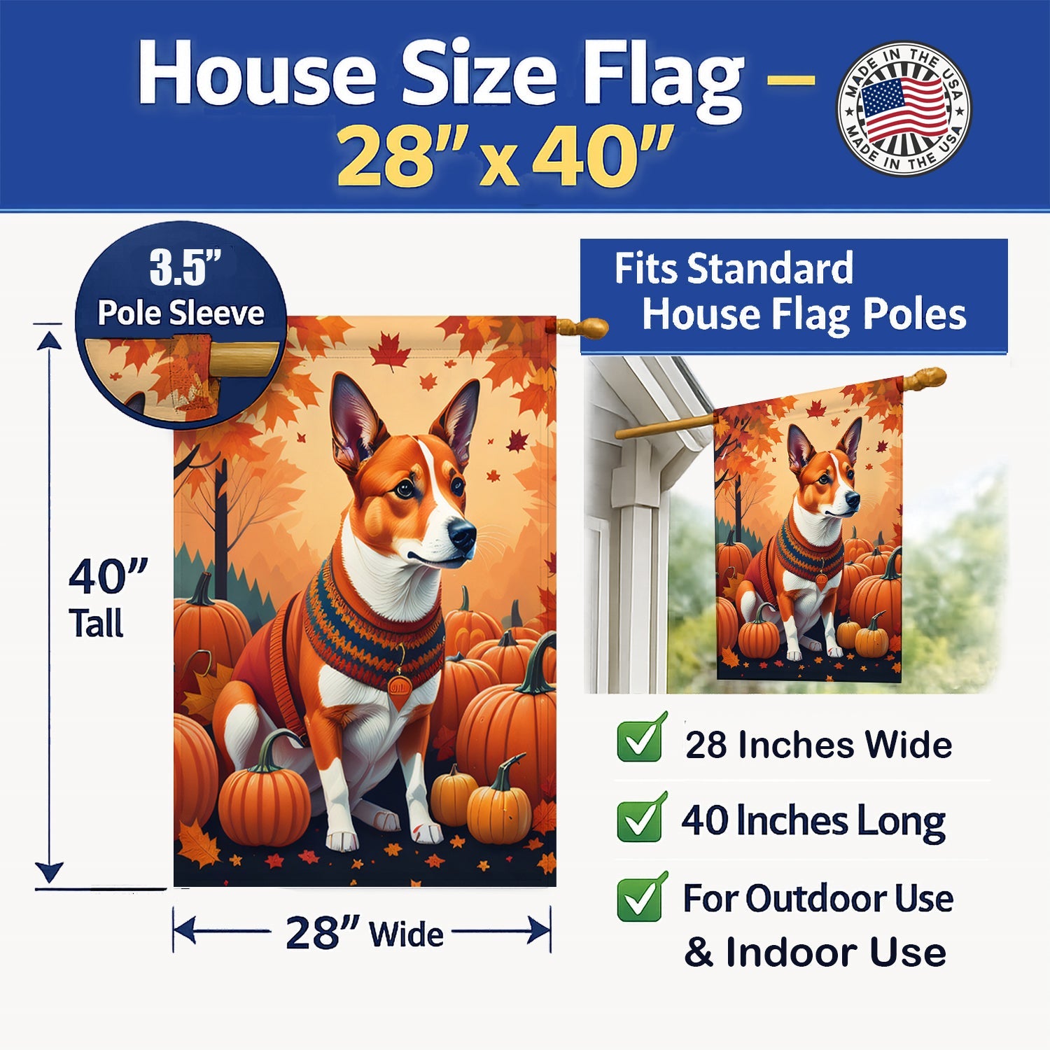 Red Basenji Fall House Flag 28x40 Porch Sleeve Pole Decorative Outside Yard Banner Artwork Wall Hanging, Polyester