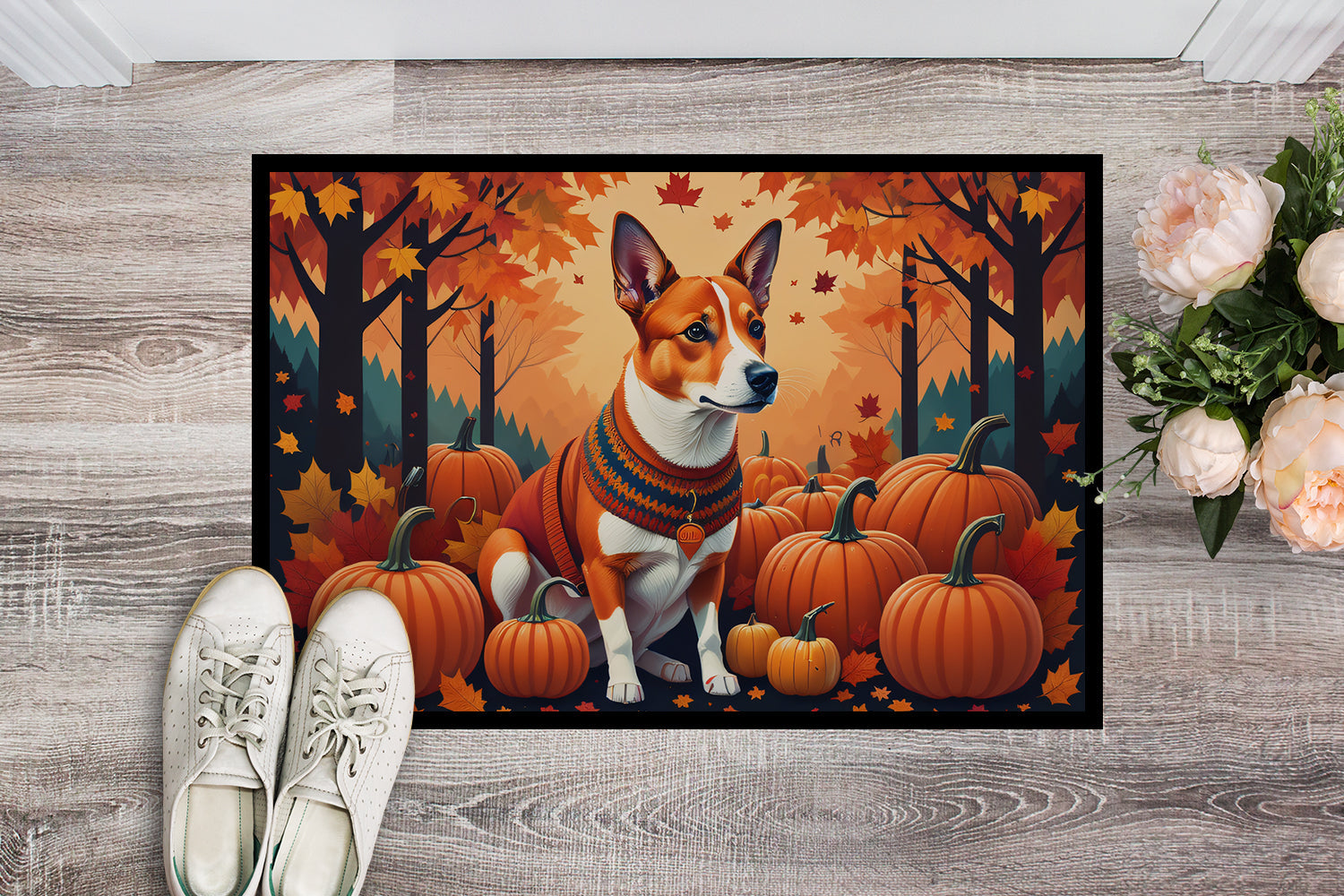 Red Basenji Fall Doormat Indoor Outdoor 24H X 36W Front Door Mat Rugs for Entryway, Non Slip Washable Low Pile,