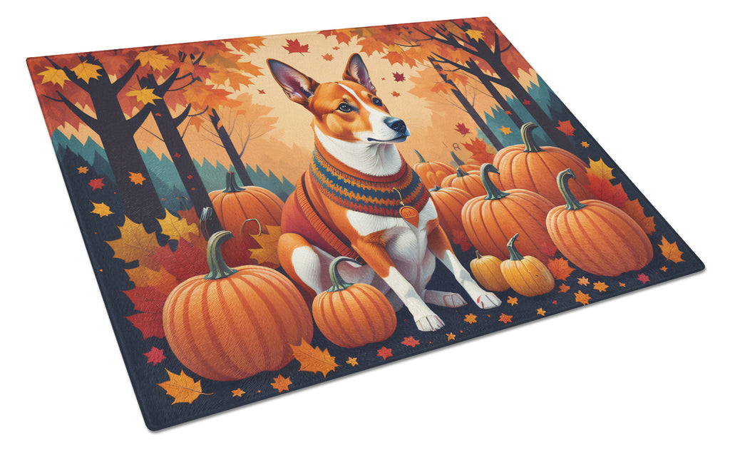 Red Basenji Fall Cutting Board Tempered Glass Kitchen Cutting Surface, Heat Resistant Chopping, Non-Slip Feet, Food Prep & Serving
