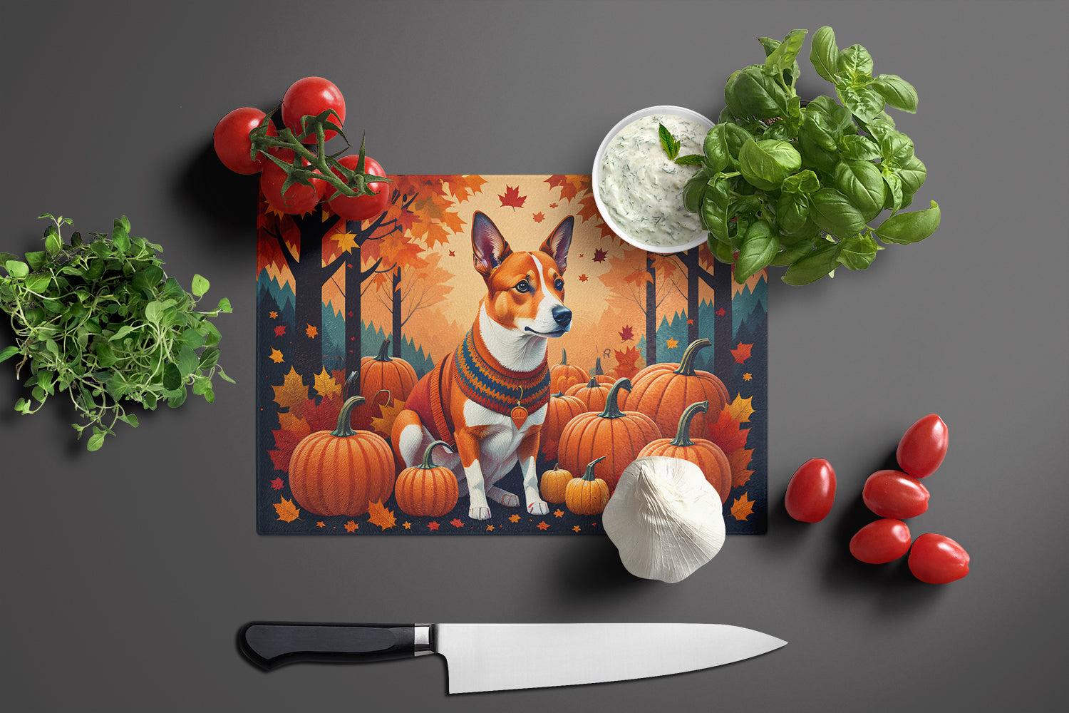 Red Basenji Fall Cutting Board Tempered Glass Kitchen Cutting Surface, Heat Resistant Chopping, Non-Slip Feet, Food Prep & Serving