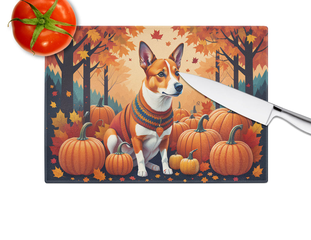 Red Basenji Fall Cutting Board Tempered Glass Kitchen Cutting Surface, Heat Resistant Chopping, Non-Slip Feet, Food Prep & Serving