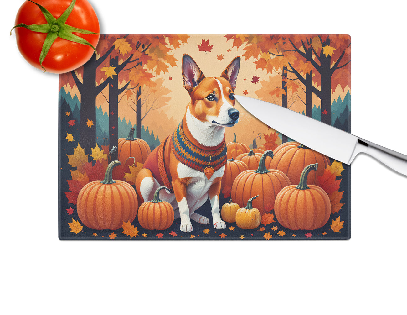 Red Basenji Fall Cutting Board Tempered Glass Kitchen Cutting Surface, Heat Resistant Chopping, Non-Slip Feet, Food Prep & Serving