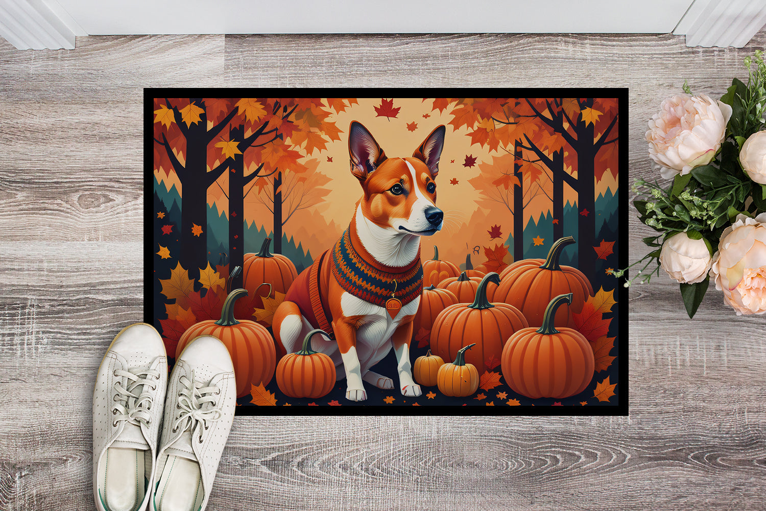 Red Basenji Fall Doormat Indoor Outdoor 18H X 27W Front Door Mat Rugs for Entryway, Non Slip Washable