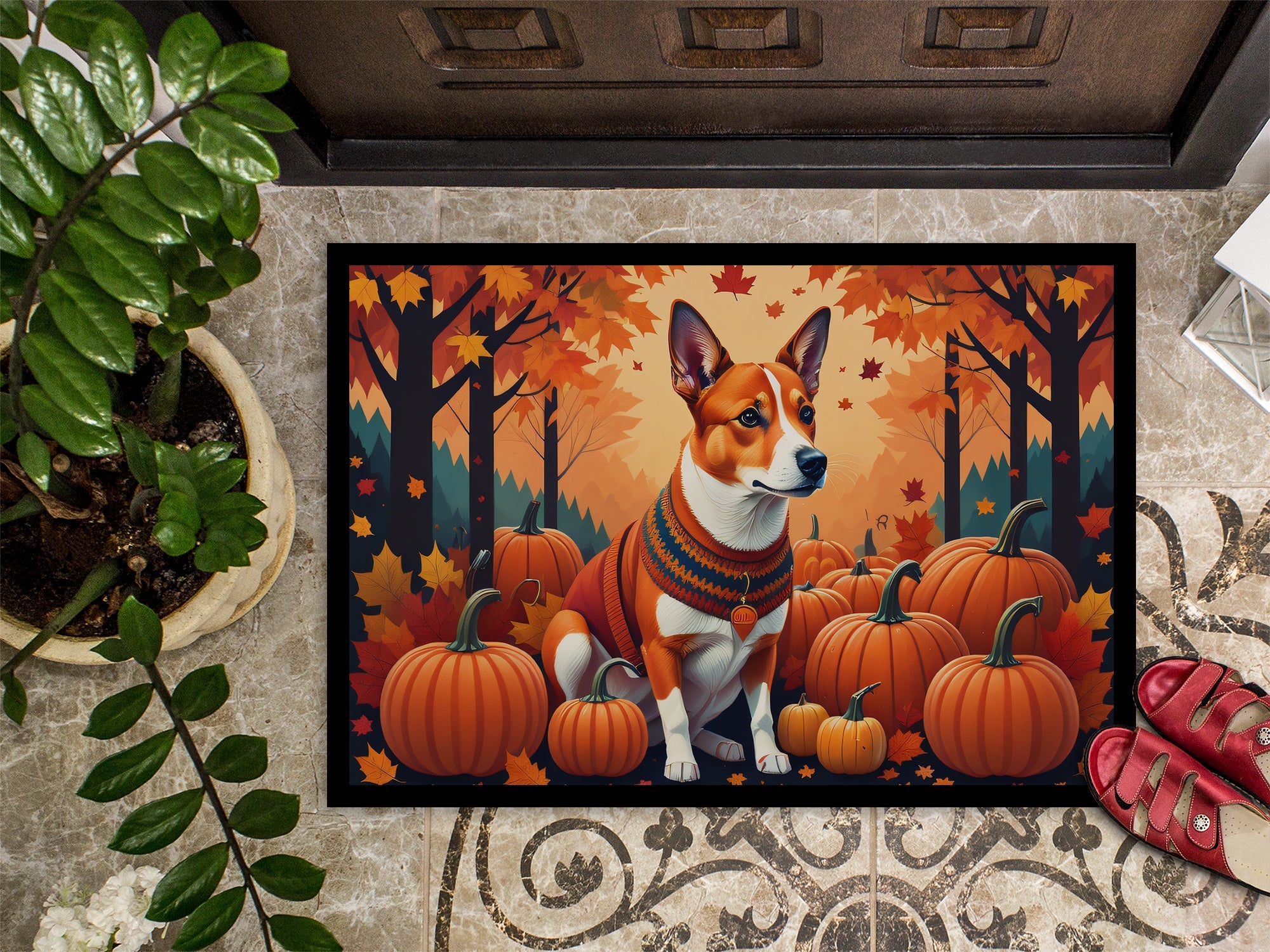 Red Basenji Fall Doormat Indoor Outdoor 18H X 27W Front Door Mat Rugs for Entryway, Non Slip Washable