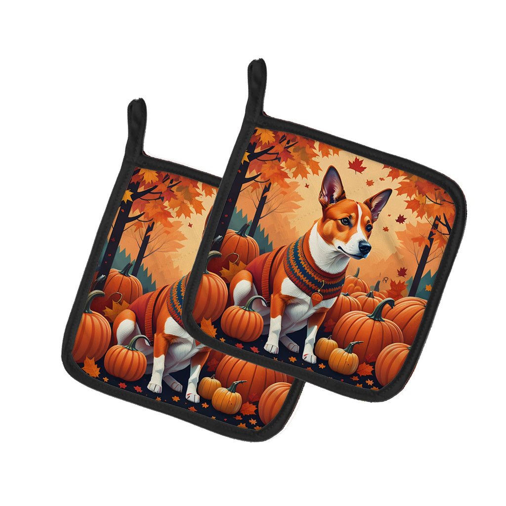 Red Basenji Fall Pot Holder Set of 2 Heat Resistant Quilted Hot Pads 7.5 x 7.5 Inch, Insulated Kitchen Trivets for Cooking & Baking