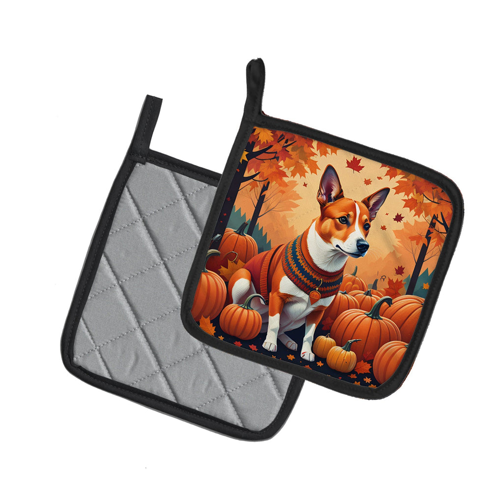 Red Basenji Fall Pot Holder Set of 2 Heat Resistant Quilted Hot Pads 7.5 x 7.5 Inch, Insulated Kitchen Trivets for Cooking & Baking