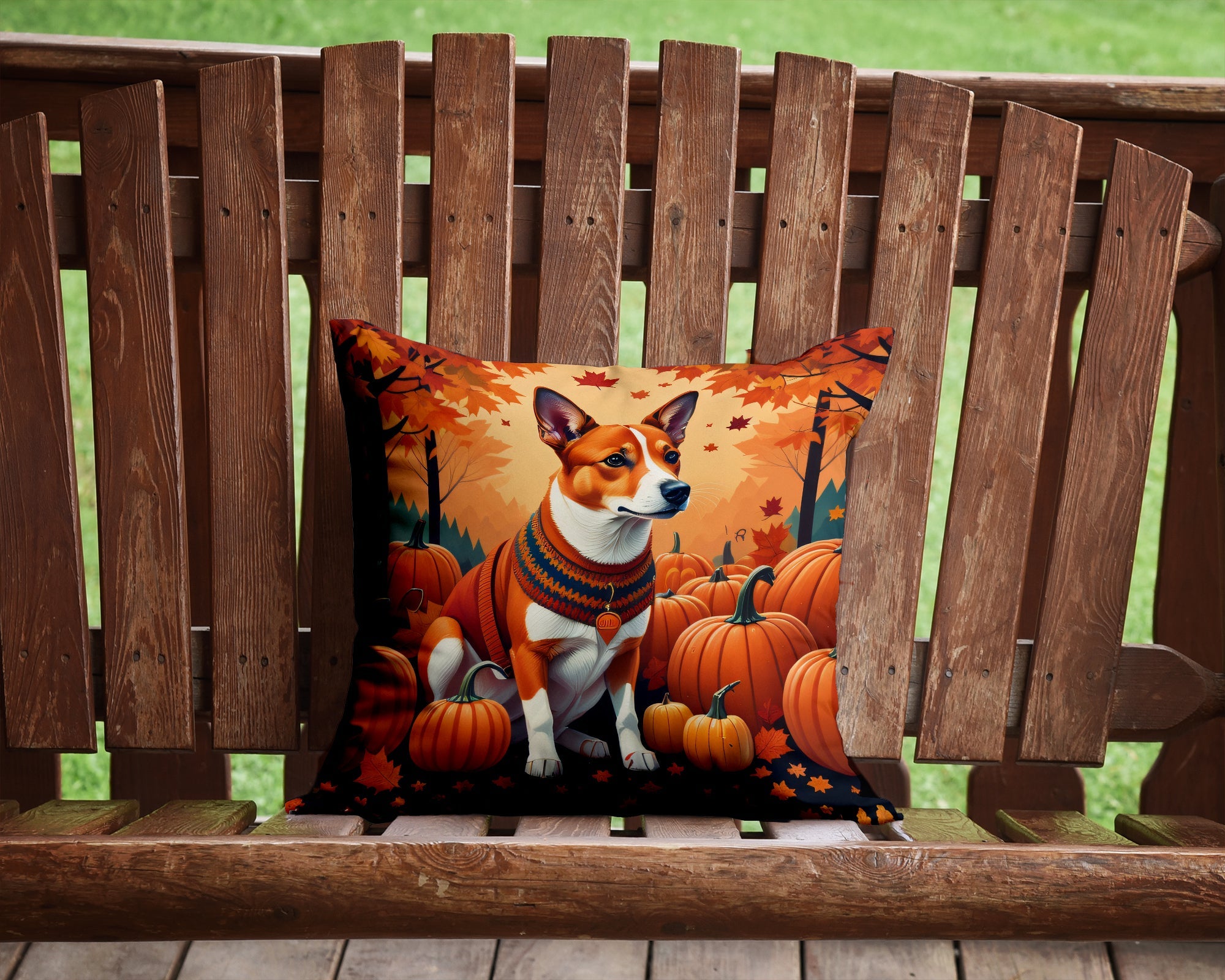 Red Basenji Fall Decorative Throw Pillow 14x14 Indoor Outdoor Accent Cushion, Fabric Cover with Insert for Sofa, Bed, Porch & Living Room