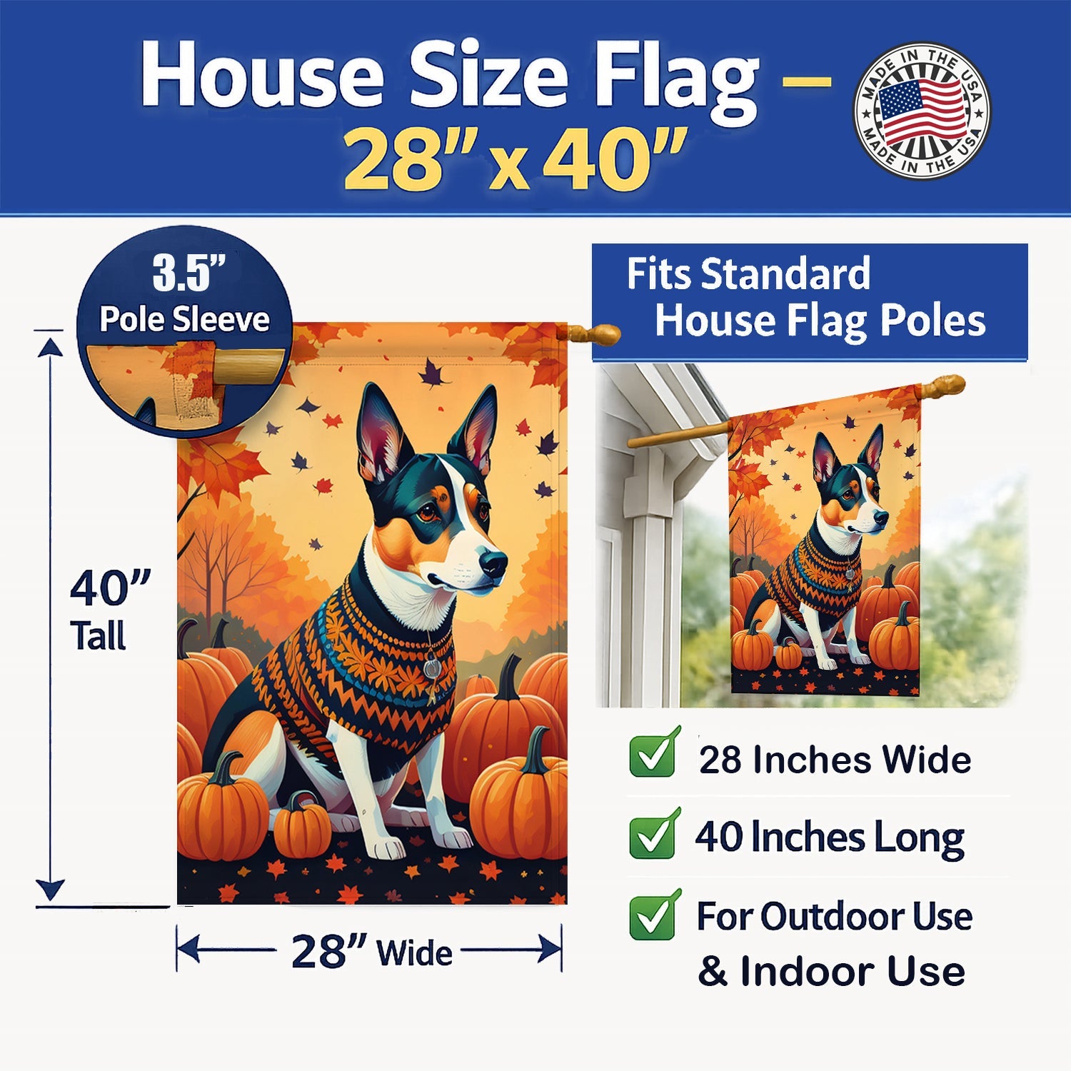 Basenji Fall House Flag 28x40 Porch Sleeve Pole Decorative Outside Yard Banner Artwork Wall Hanging, Polyester