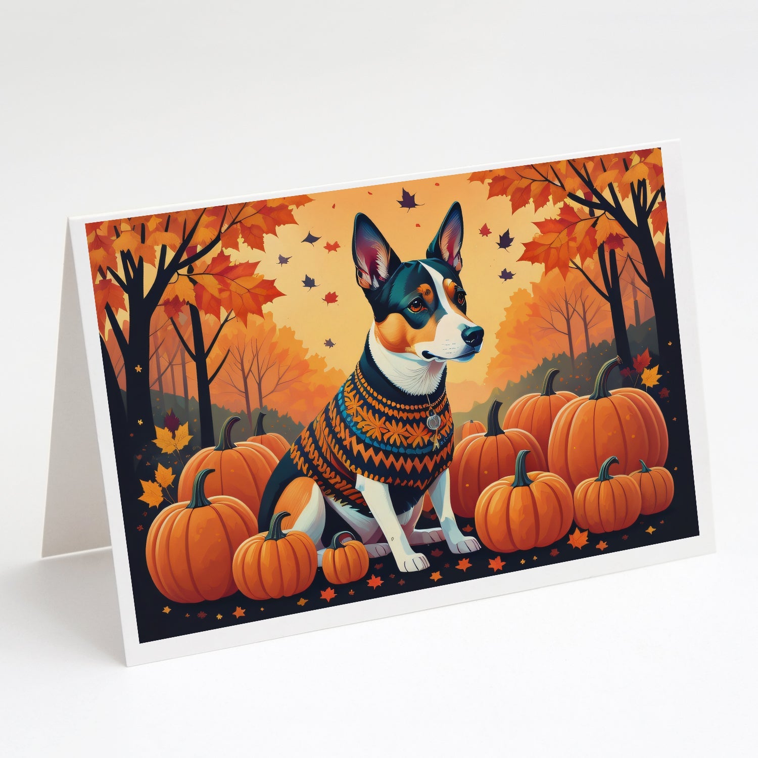 Basenji Fall Greeting Cards Pack of 8 Blank Cards with Envelopes Whimsical A7 Size 5x7
