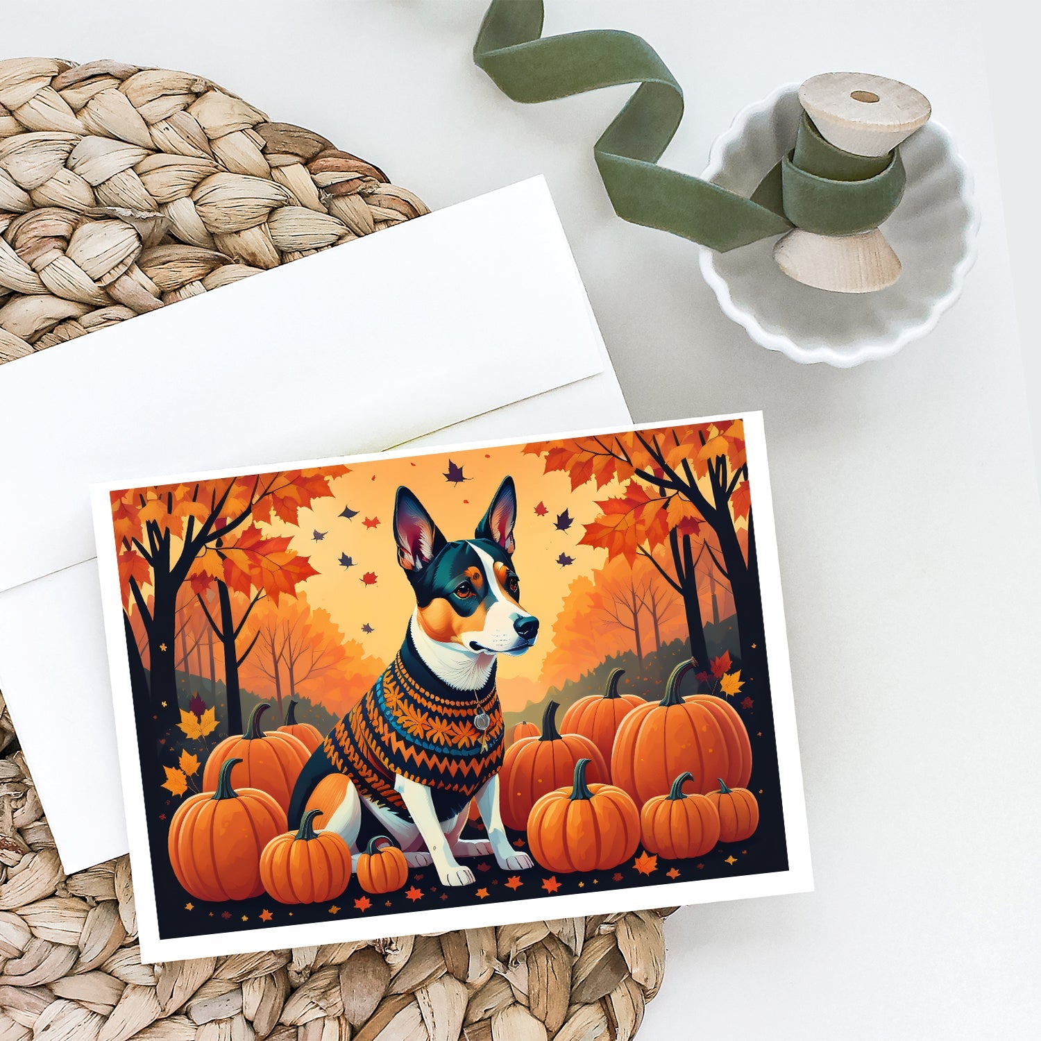 Basenji Fall Greeting Cards Pack of 8 Blank Cards with Envelopes Whimsical A7 Size 5x7