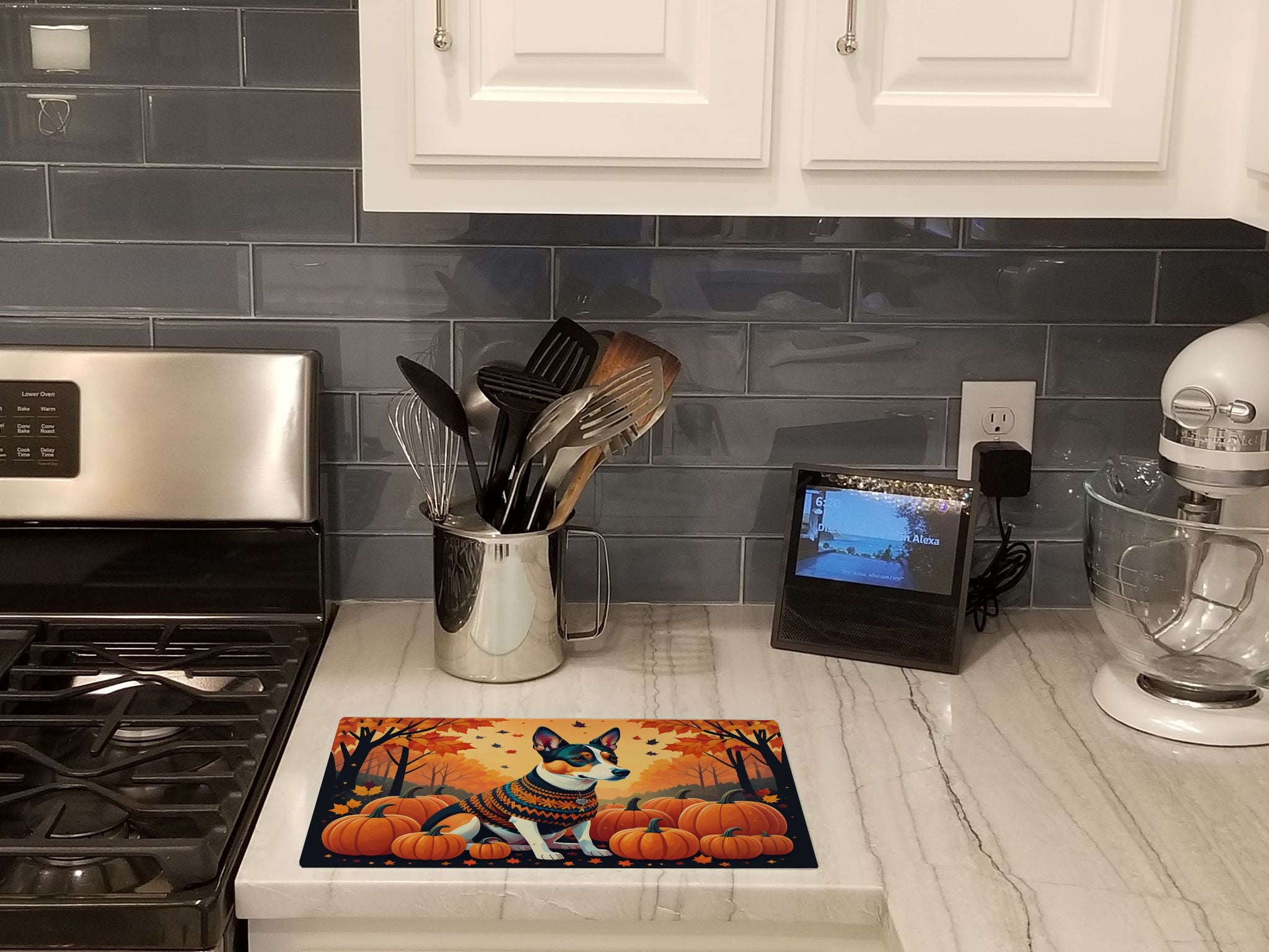 Basenji Fall Cutting Board Tempered Glass Kitchen Cutting Surface, Heat Resistant Chopping, Non-Slip Feet, Food Prep & Serving