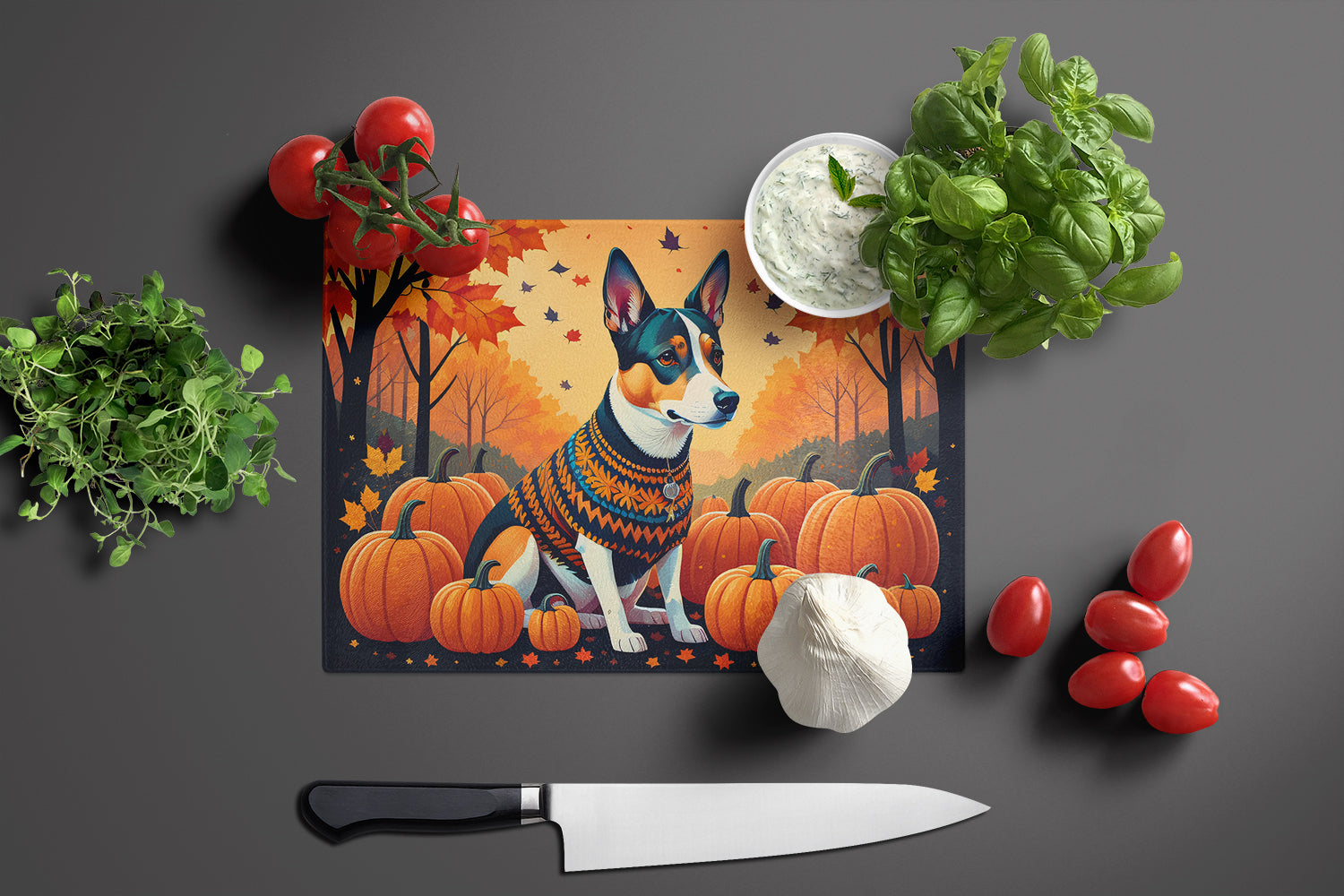 Basenji Fall Cutting Board Tempered Glass Kitchen Cutting Surface, Heat Resistant Chopping, Non-Slip Feet, Food Prep & Serving