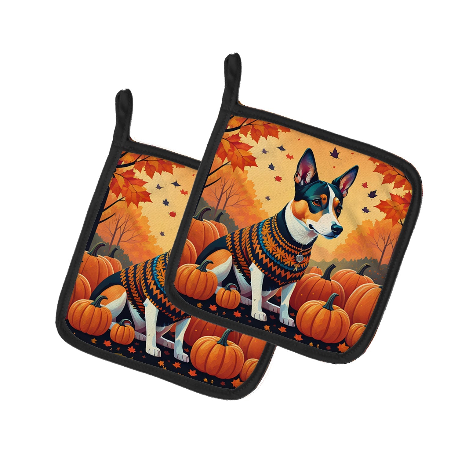 Basenji Fall Pot Holder Set of 2 Heat Resistant Quilted Hot Pads 7.5 x 7.5 Inch, Insulated Kitchen Trivets for Cooking & Baking