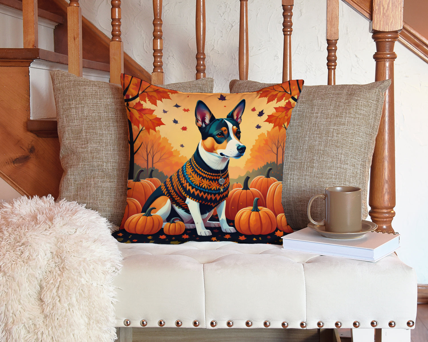 Basenji Fall Decorative Throw Pillow 14x14 Indoor Outdoor Accent Cushion, Fabric Cover with Insert for Sofa, Bed, Porch & Living Room