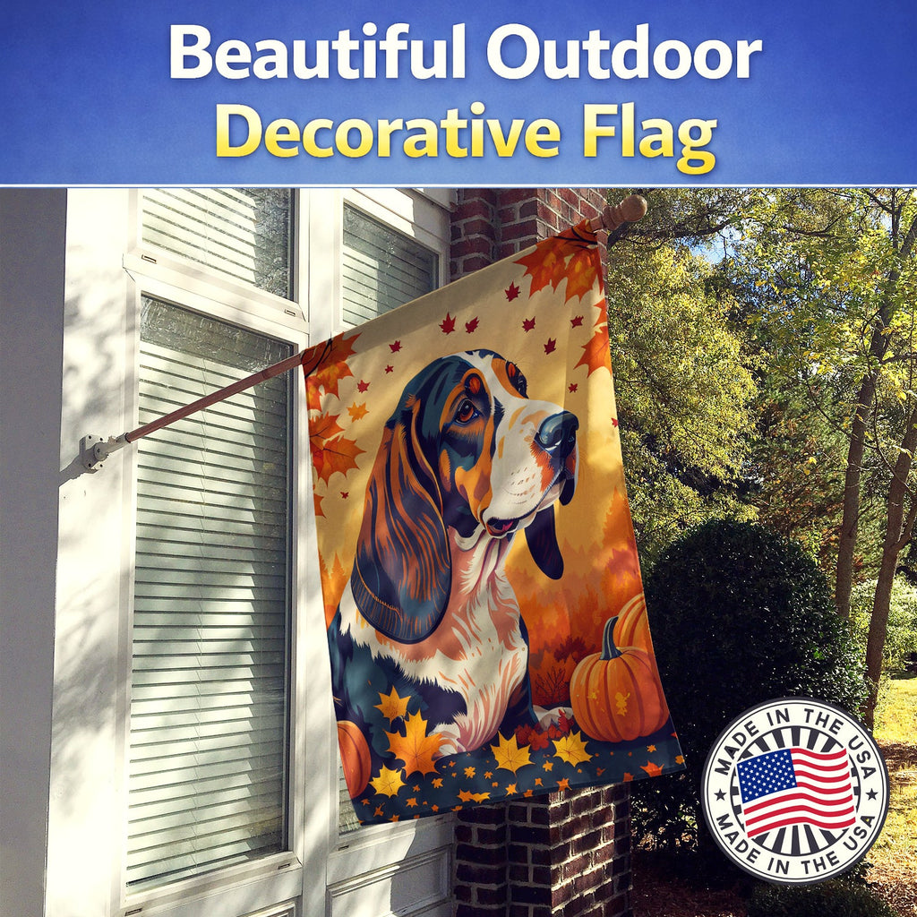 Basset Hound Fall House Flag 28x40 Porch Sleeve Pole Decorative Outside Yard Banner Artwork Wall Hanging, Polyester