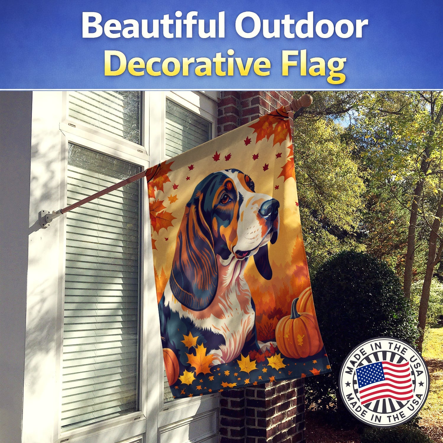 Basset Hound Fall House Flag 28x40 Porch Sleeve Pole Decorative Outside Yard Banner Artwork Wall Hanging, Polyester