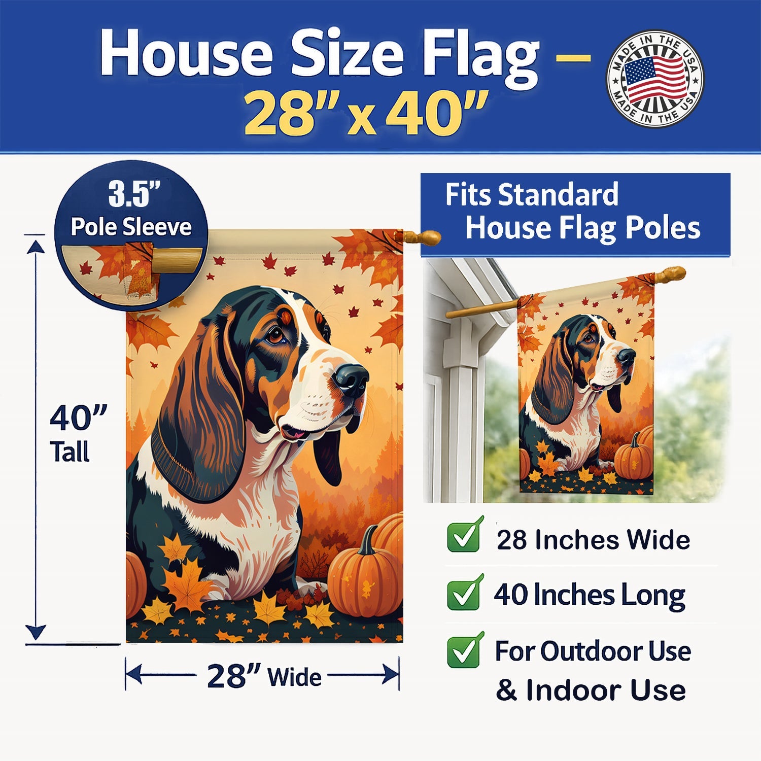 Basset Hound Fall House Flag 28x40 Porch Sleeve Pole Decorative Outside Yard Banner Artwork Wall Hanging, Polyester