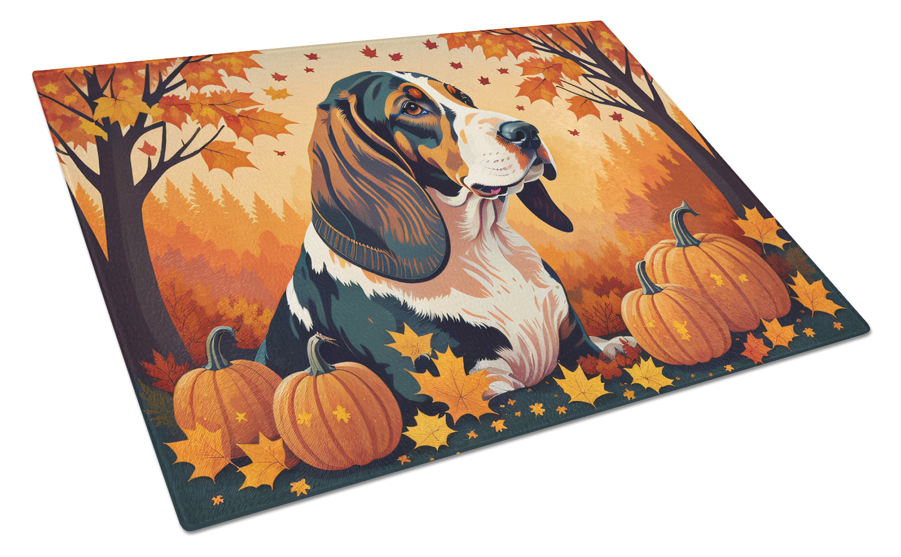 Basset Hound Fall Cutting Board Tempered Glass Kitchen Cutting Surface, Heat Resistant Chopping, Non-Slip Feet, Food Prep & Serving