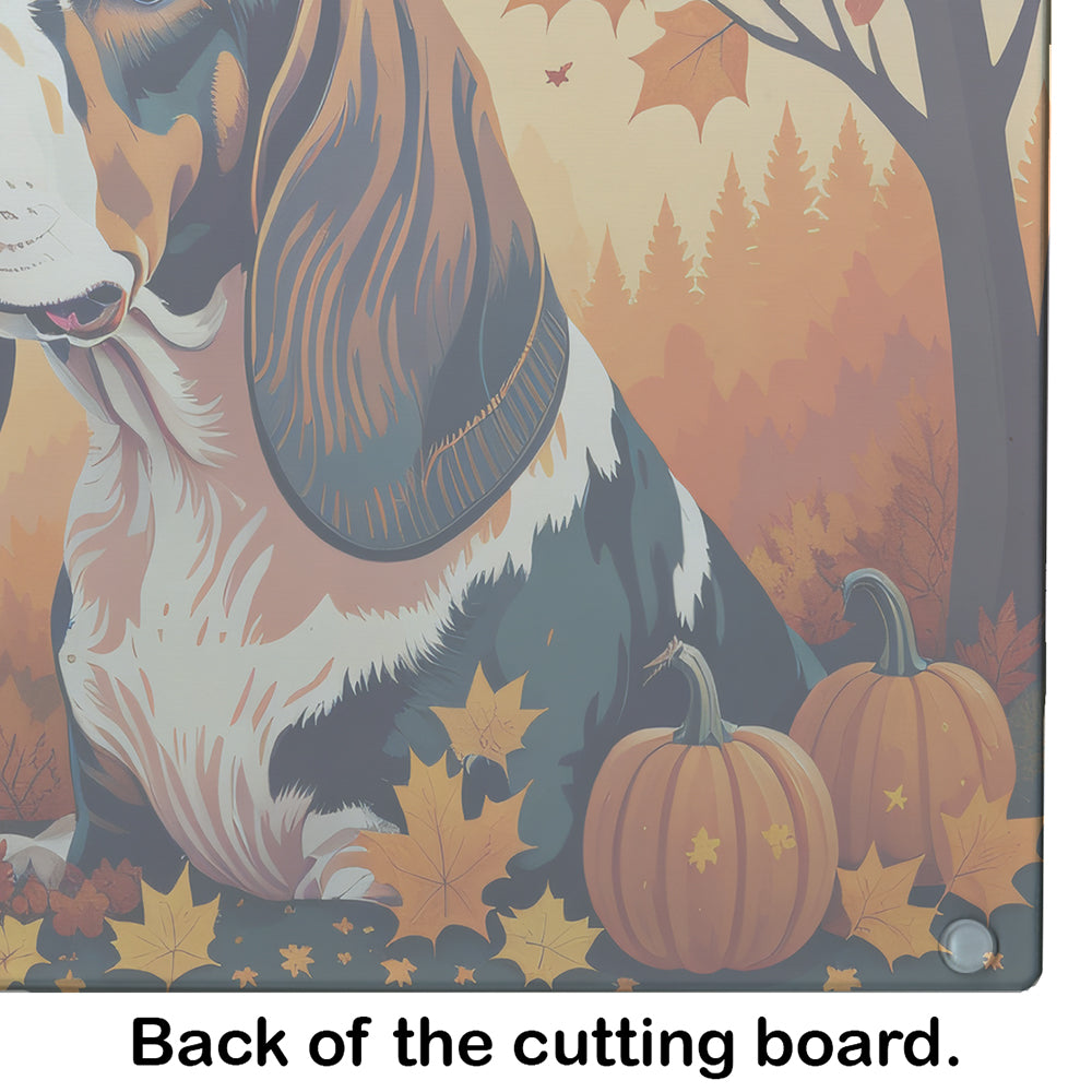 Basset Hound Fall Cutting Board Tempered Glass Kitchen Cutting Surface, Heat Resistant Chopping, Non-Slip Feet, Food Prep & Serving