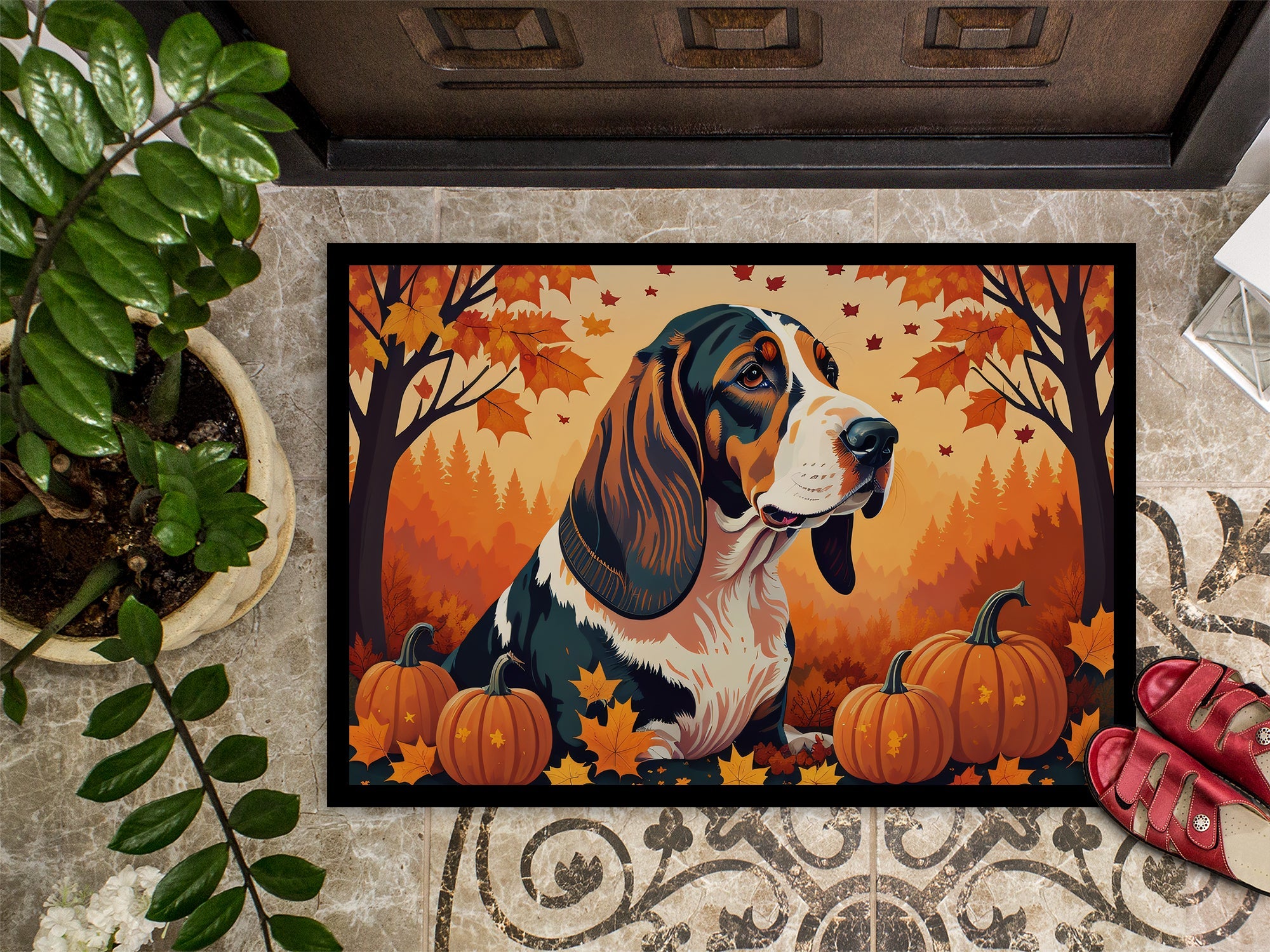 Basset Hound Fall Doormat Indoor Outdoor 18H X 27W Front Door Mat Rugs for Entryway, Non Slip Washable