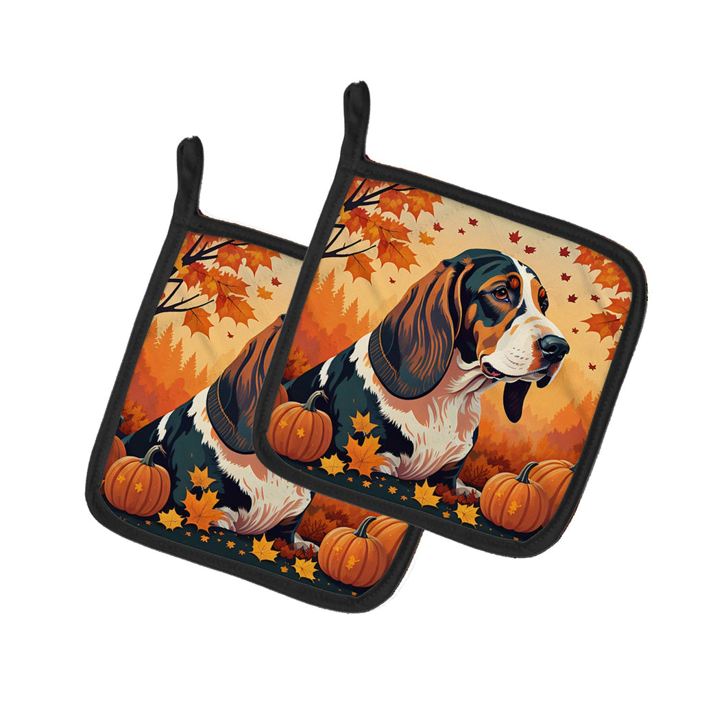 Basset Hound Fall Pot Holder Set of 2 Heat Resistant Quilted Hot Pads 7.5 x 7.5 Inch, Insulated Kitchen Trivets for Cooking & Baking
