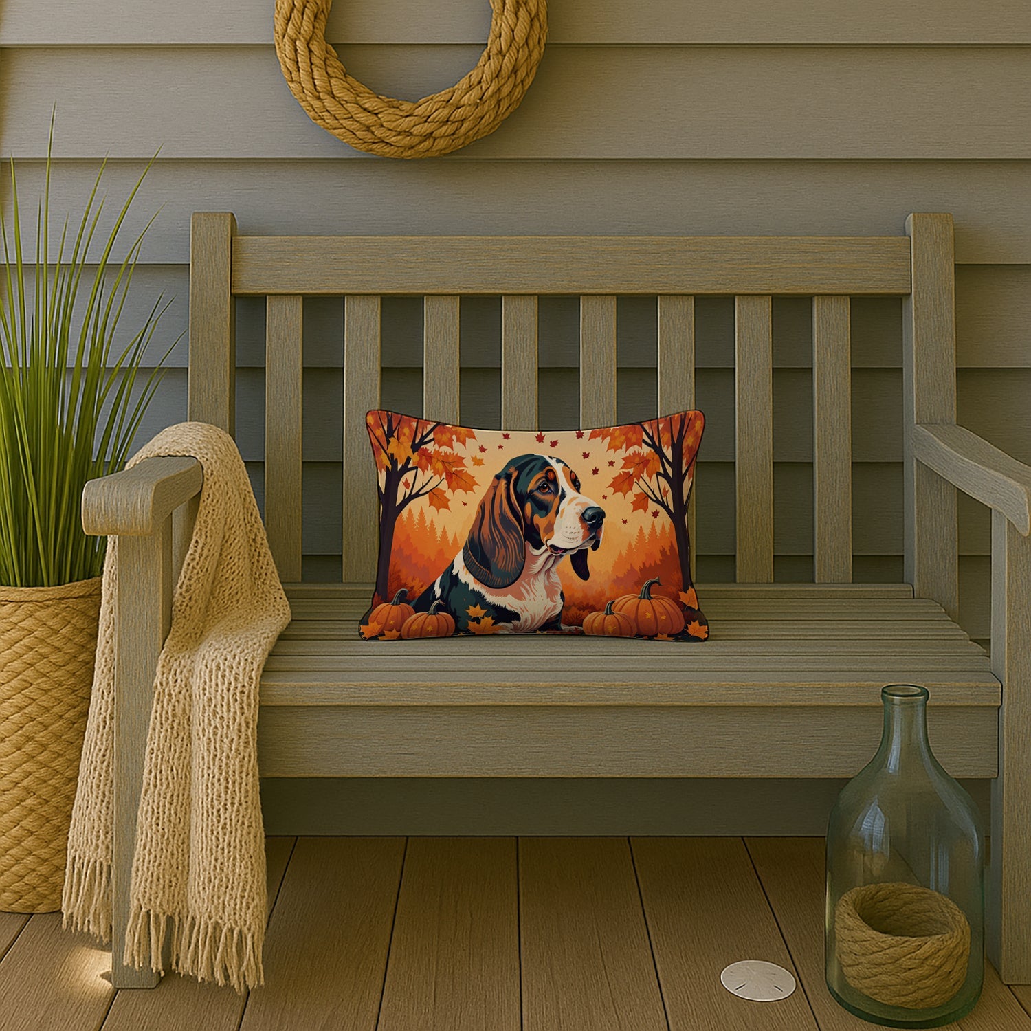 Basset Hound Fall Decorative Throw Pillow 12x16 Indoor Outdoor Accent Cushion, Fabric Cover with Insert for Sofa, Bed, Porch & Living Room