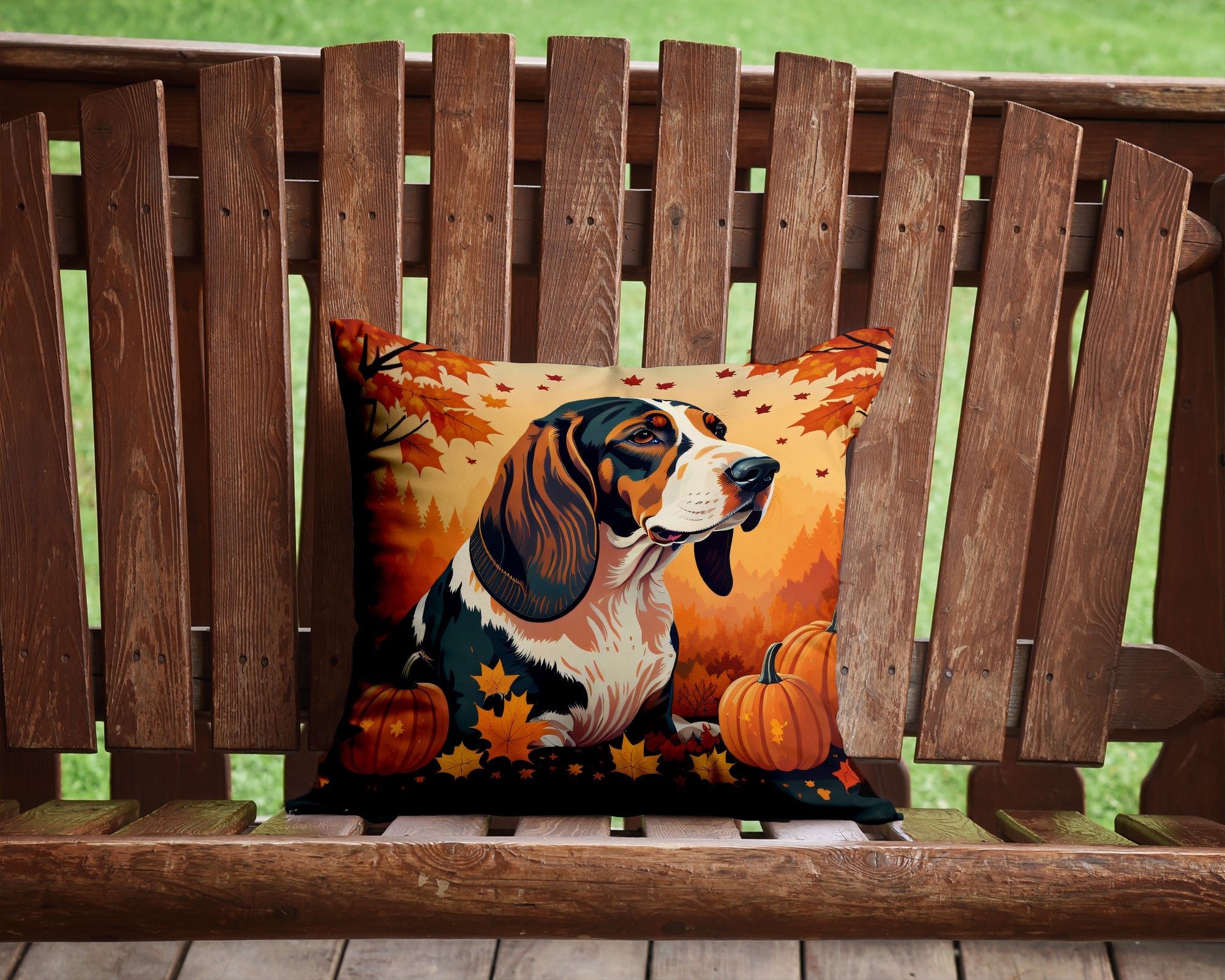 Basset Hound Fall Decorative Throw Pillow 14x14 Indoor Outdoor Accent Cushion, Fabric Cover with Insert for Sofa, Bed, Porch & Living Room