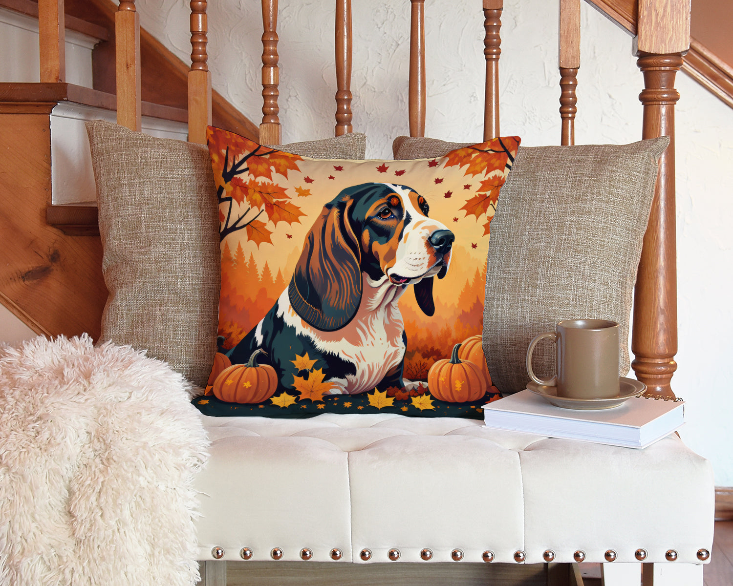 Basset Hound Fall Decorative Throw Pillow 14x14 Indoor Outdoor Accent Cushion, Fabric Cover with Insert for Sofa, Bed, Porch & Living Room